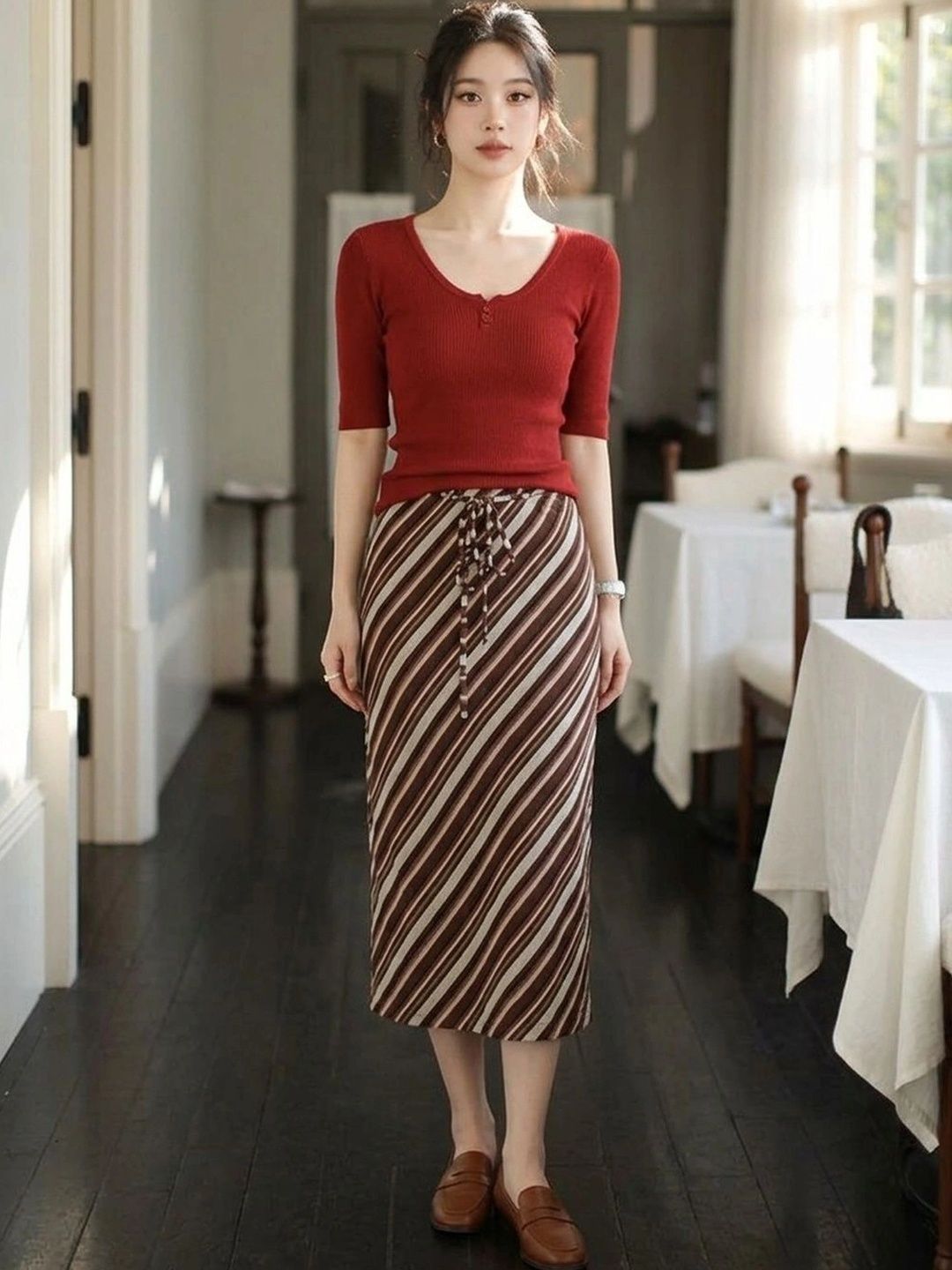 Suo Women Striped Midi Straight Skirt-picture-30
