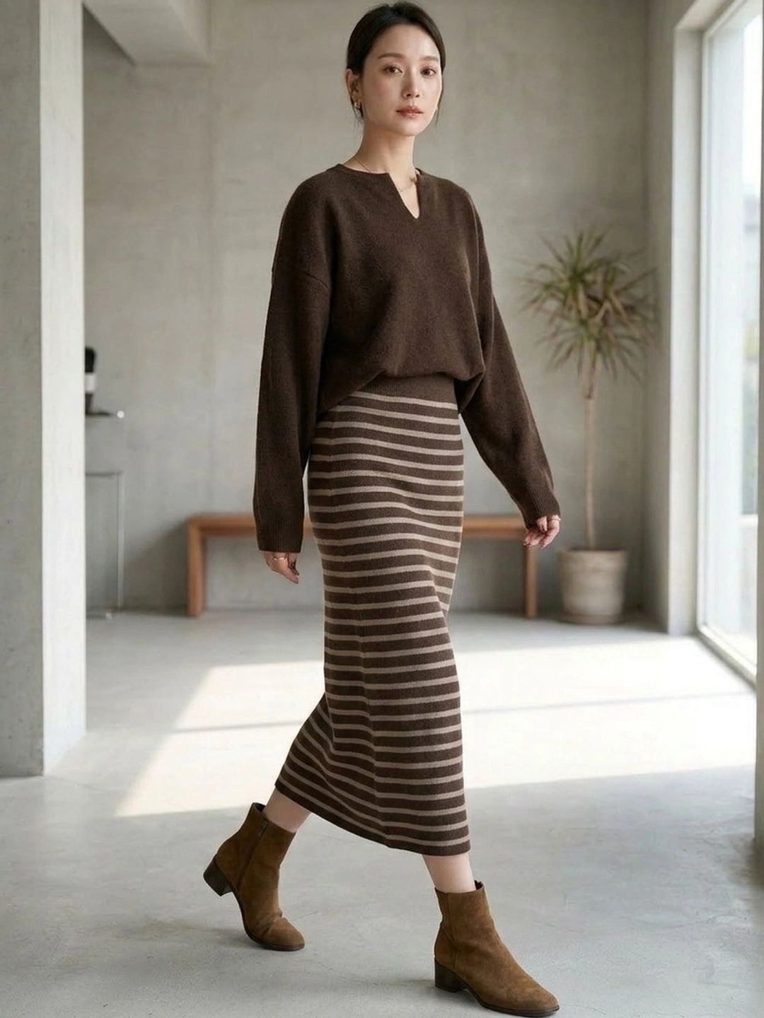 Suo Women Striped Back Slit Midi Straight Skirt-picture-34