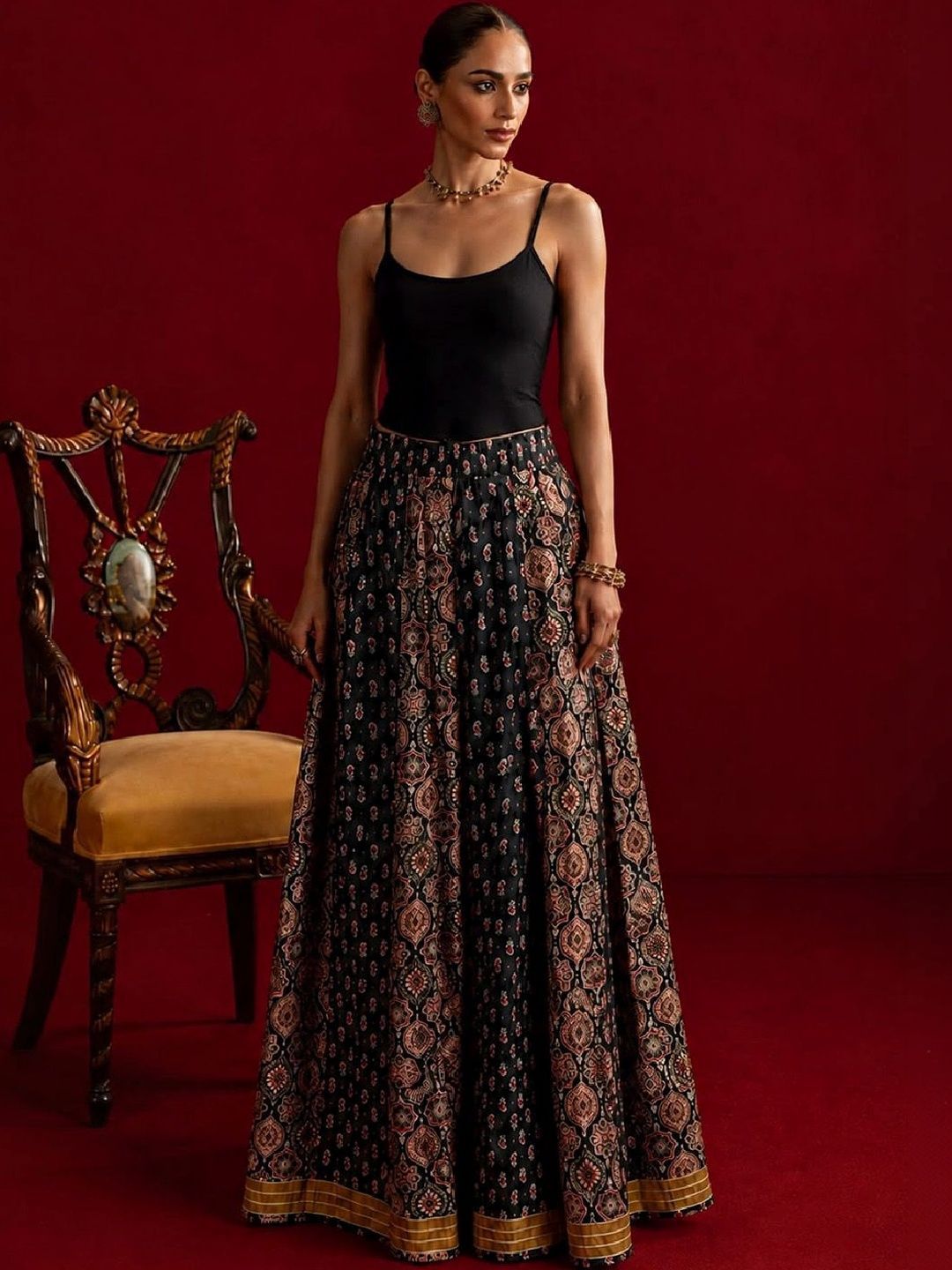 Varanga Women Cotton Cambric Paisley Maxi Flared Skirt-picture-12