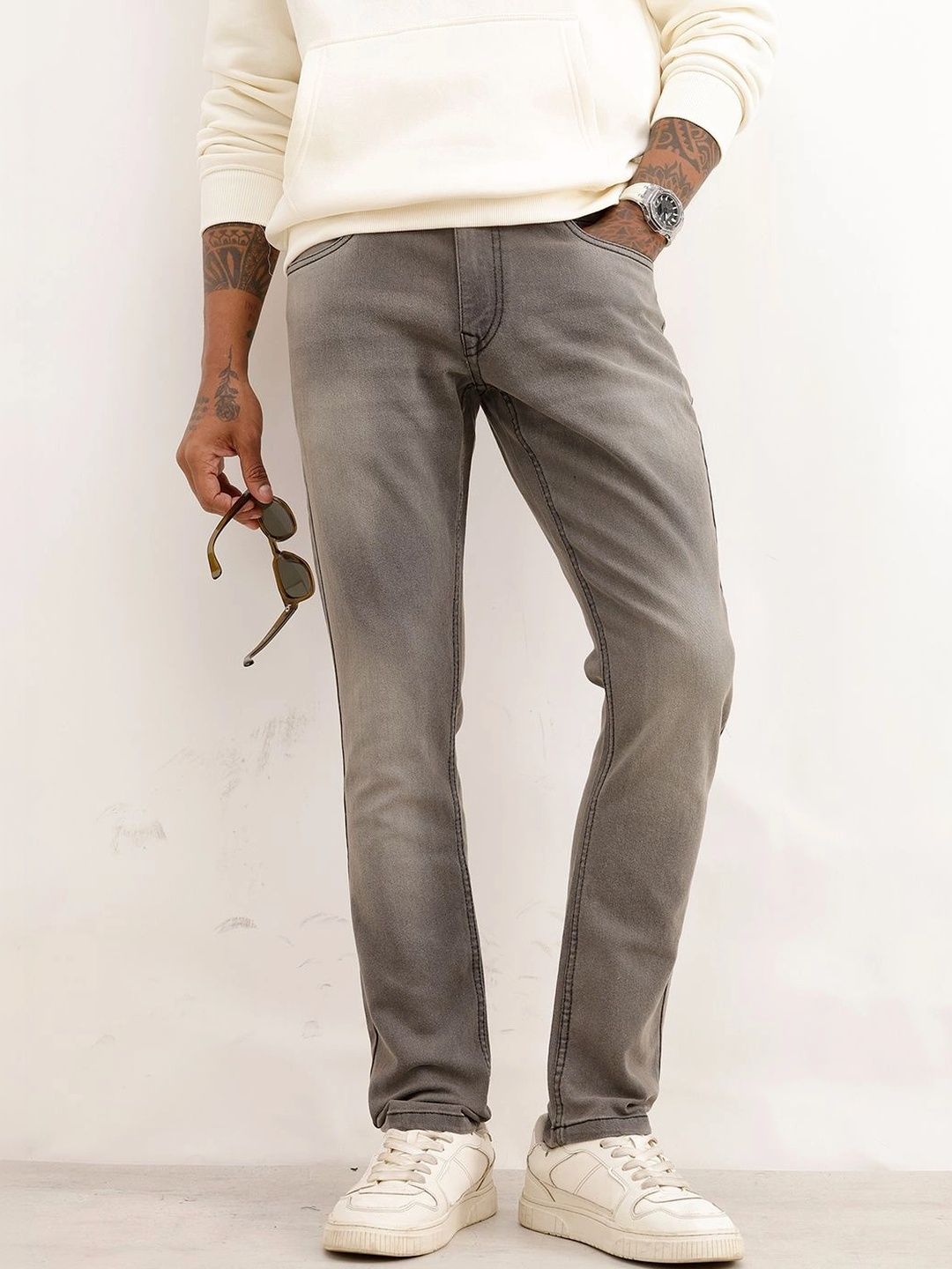 WROGN Men Slim Fit Mid-Rise Light Fade Stretchable Jeans-picture-15