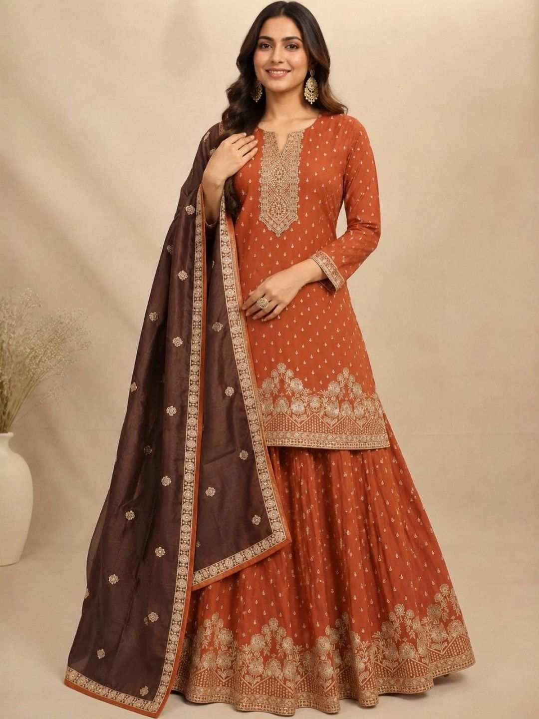 kali collections Women Ethnic Motifs Embroidered Regular Thread Work Pure Silk Kurta with Sharara & With-picture-31