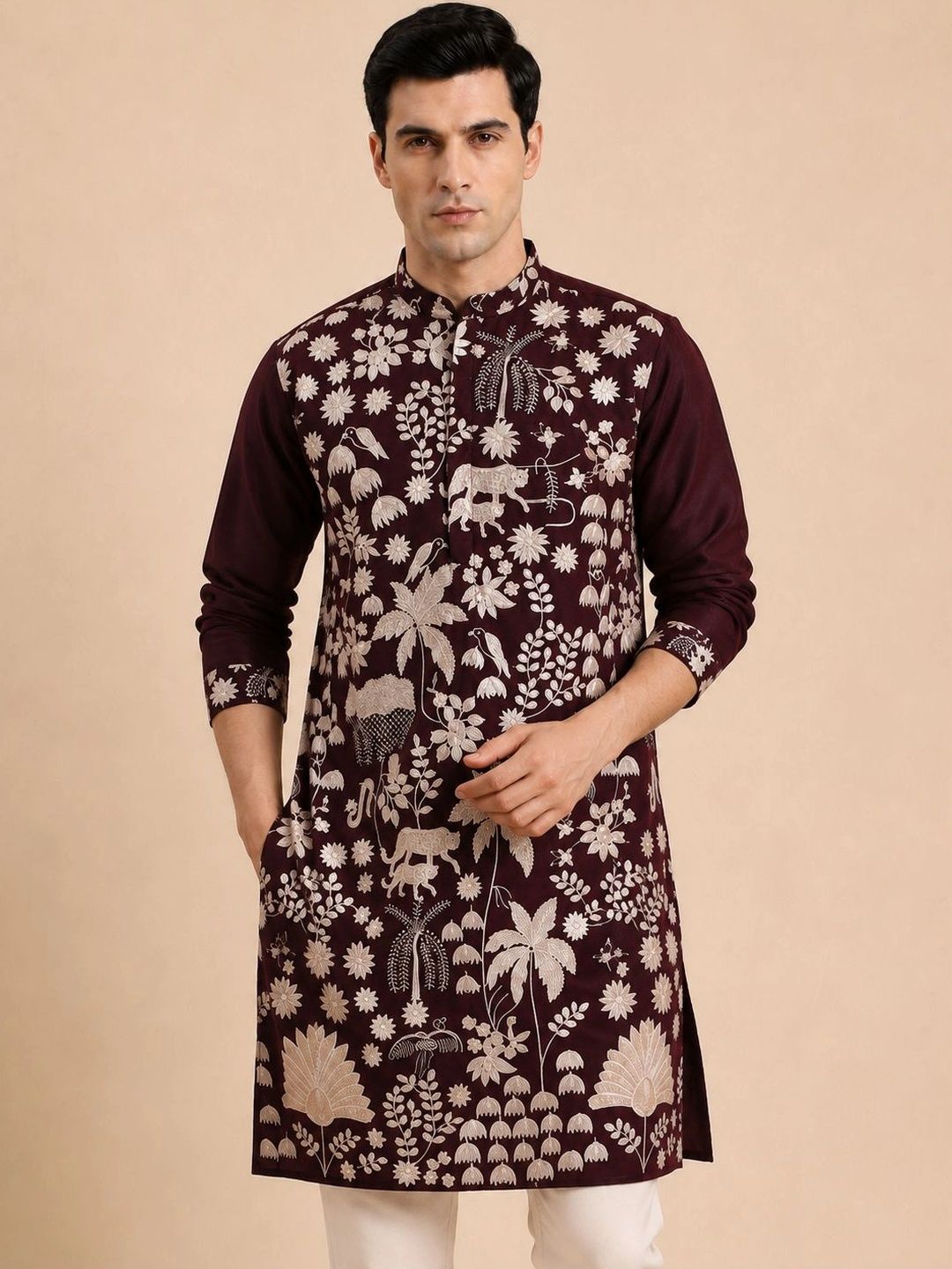 House of Pataudi Men Ethnic Motifs Embroidered Regular Thread Work Kurta with Pyjamas-picture-10