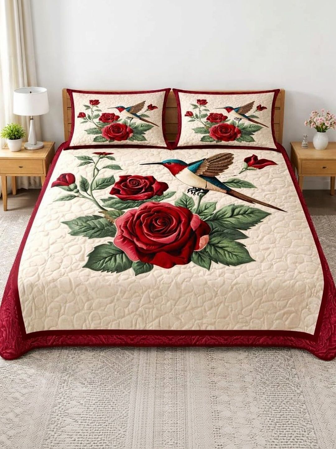 AMBERBLISH HOMES Cream-Coloured & Red Floral King Bedsheet with 2 Pillow Covers-picture-0