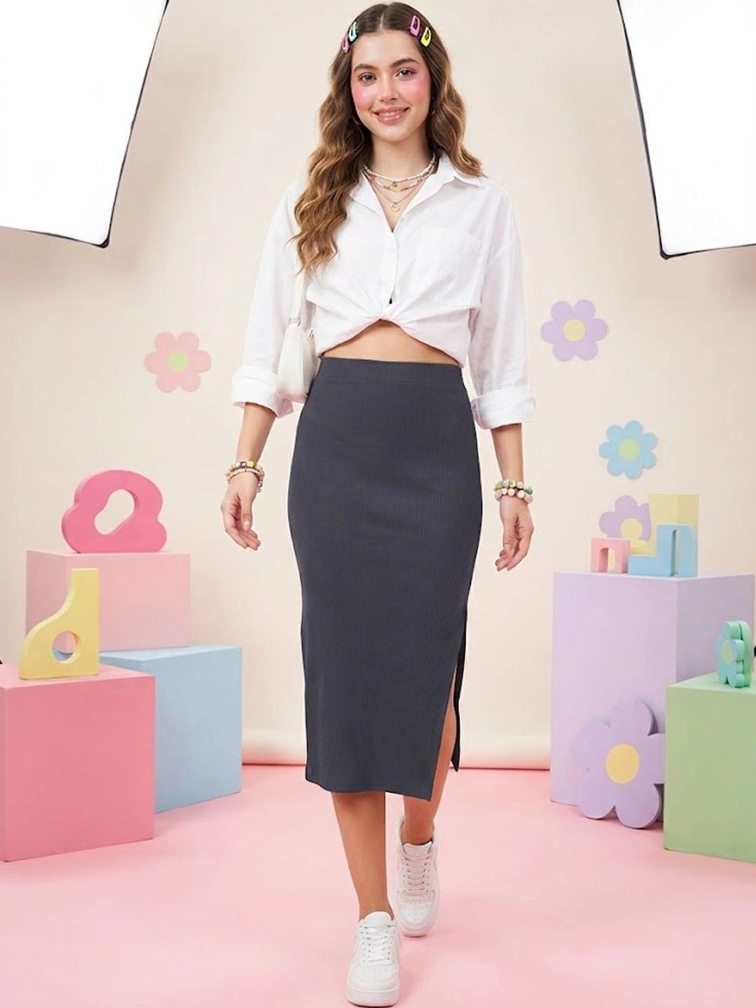 Neon Femme Women Side Slit Midi Straight Skirt-image-49