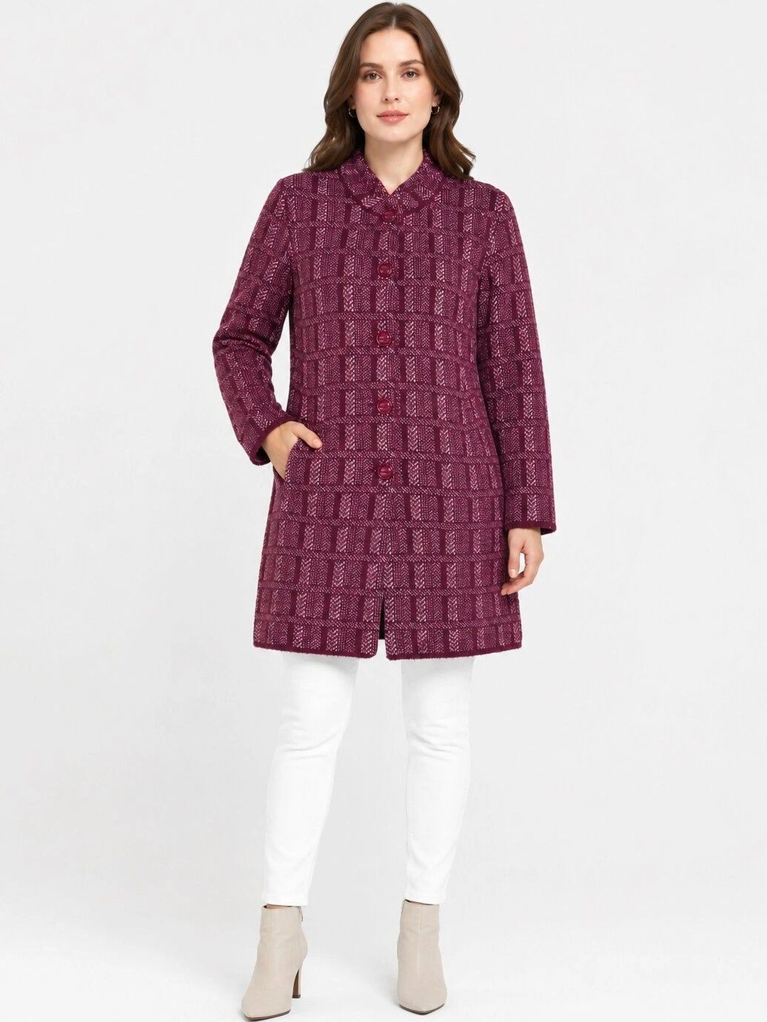HIMYUG Self Design Woolen Round Neck Single Breasted Long Overcoat-picture-12