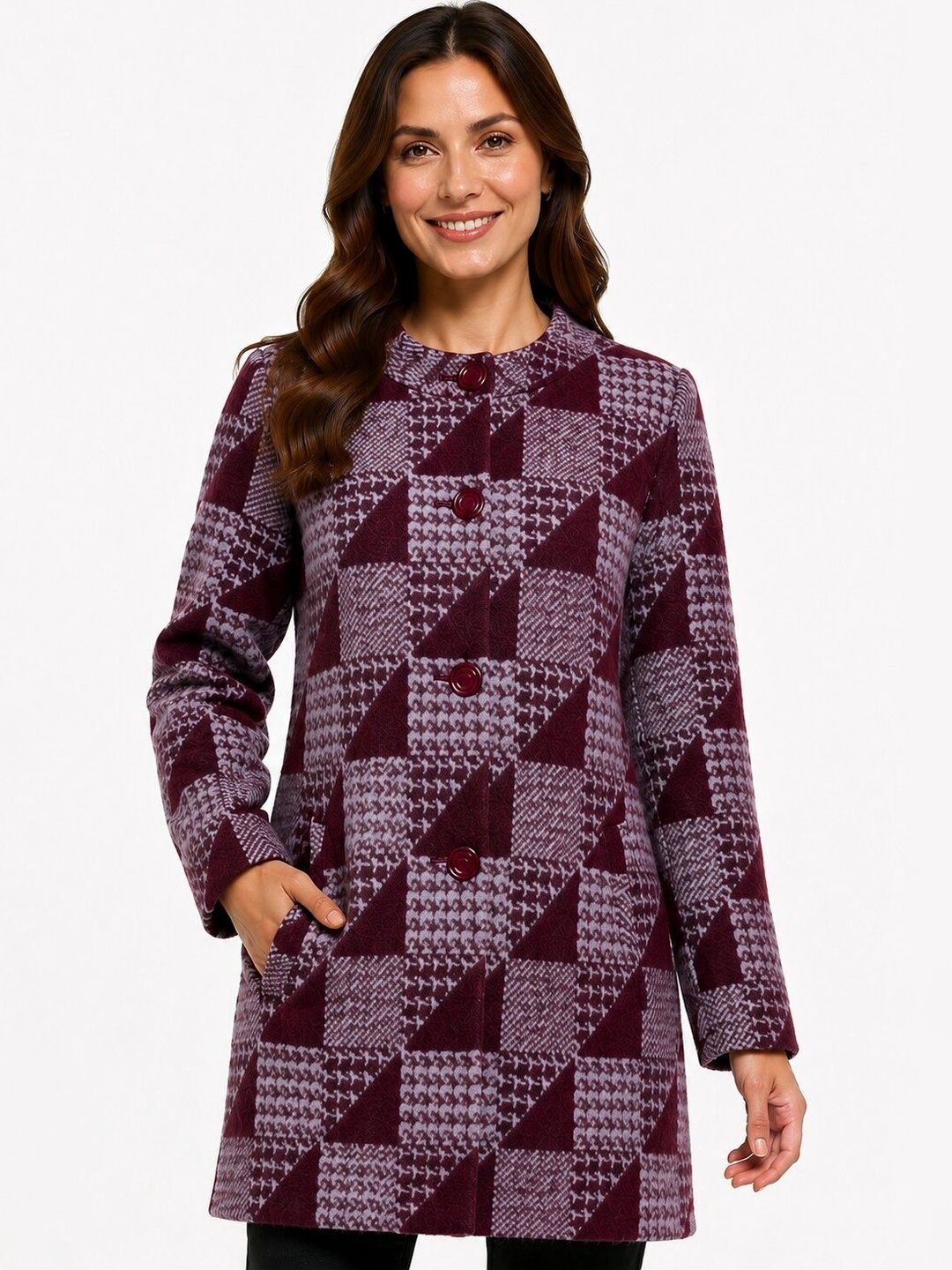FIRST SLEEP Self Design Woolen Round Neck Single Breasted Long Overcoat-picture-22