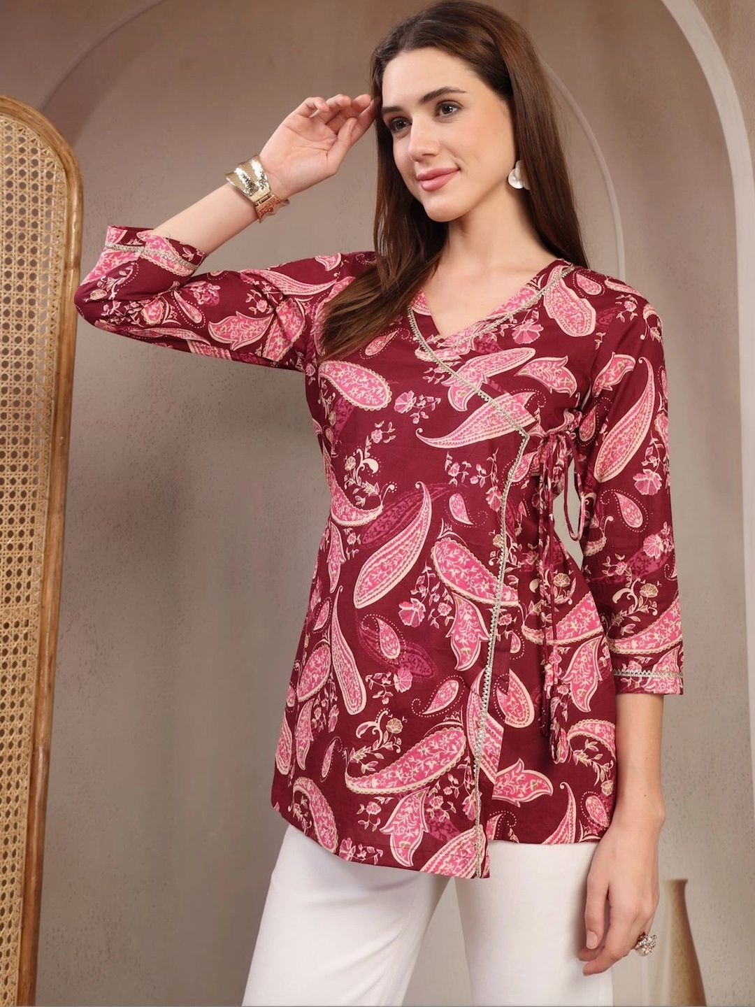 Lotus Loom Print Ethnic Cotton Blend Wrap Top-picture-44