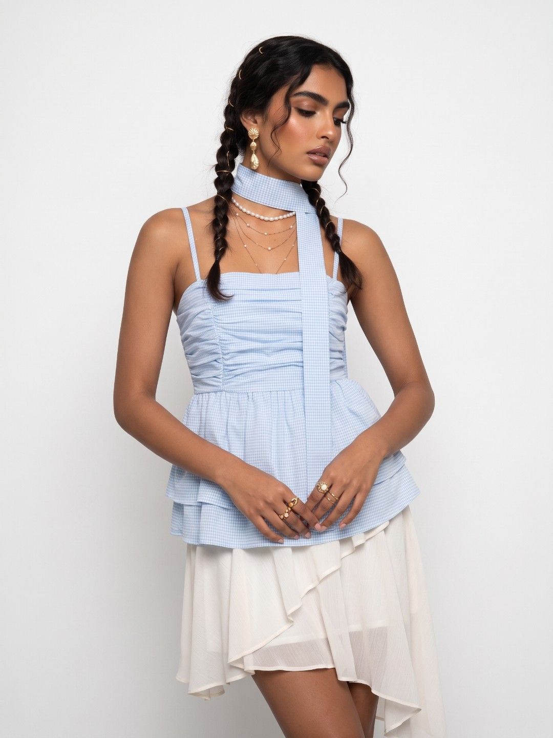 Phosphorus Checked Smocked Peplum Crop Top-picture-25