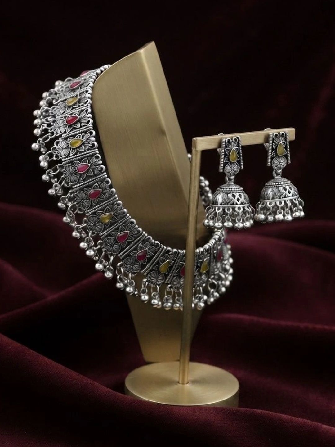 SZN Silver-Plated Oxidised Stone Studded & Beaded Necklace and Earrings-picture-56