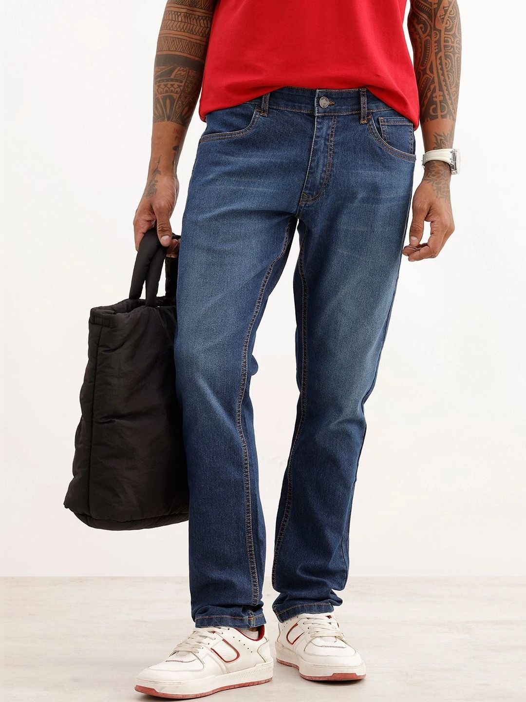 WROGN Men Slim Fit Mid-Rise Low Distress Light Fade Stretchable Jeans-picture-30