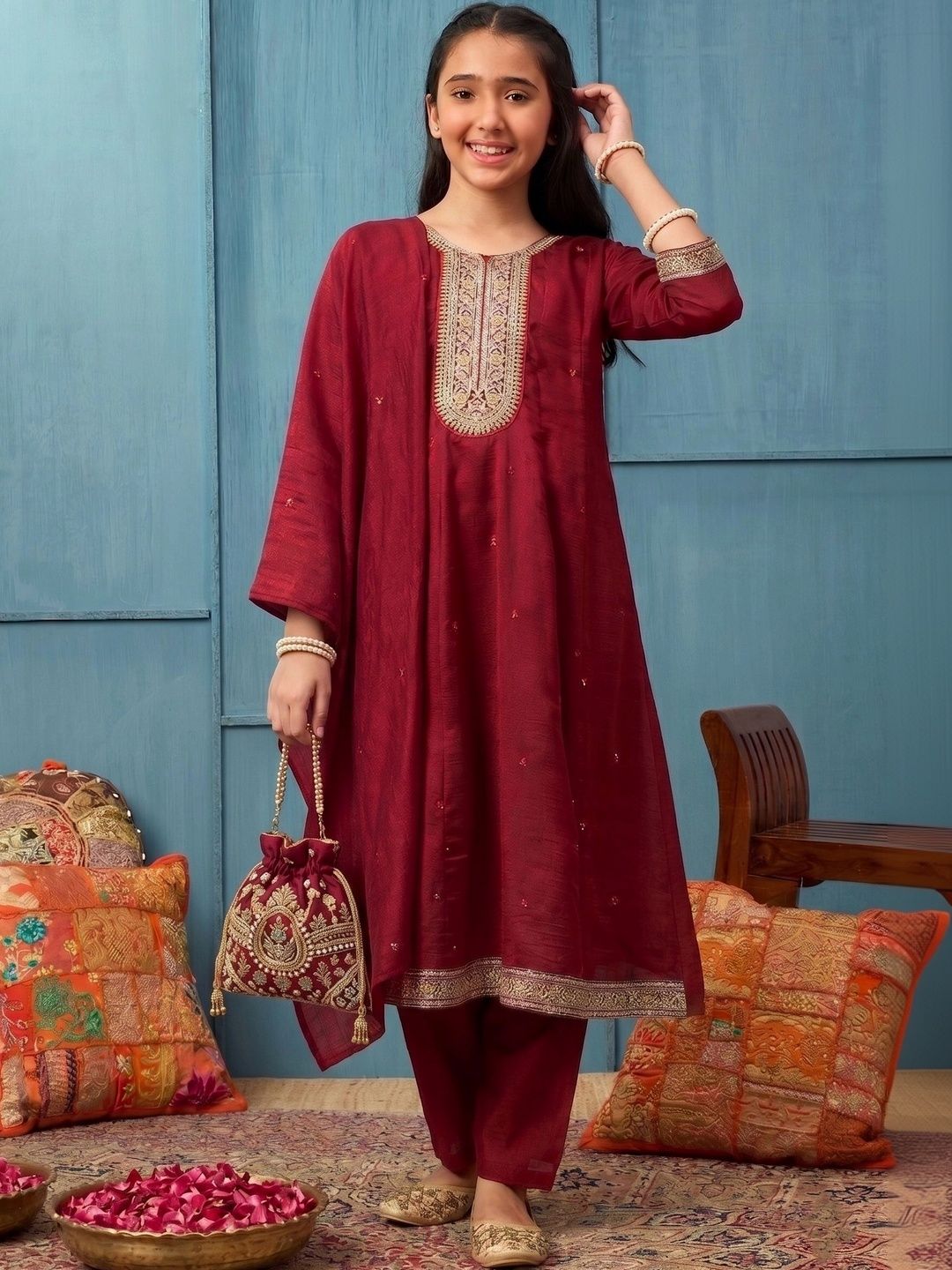 VOGAAN JUNIOR Girls Ethnic Motifs Embroidered Regular Kurta with Trousers & With Dupatta-picture-39
