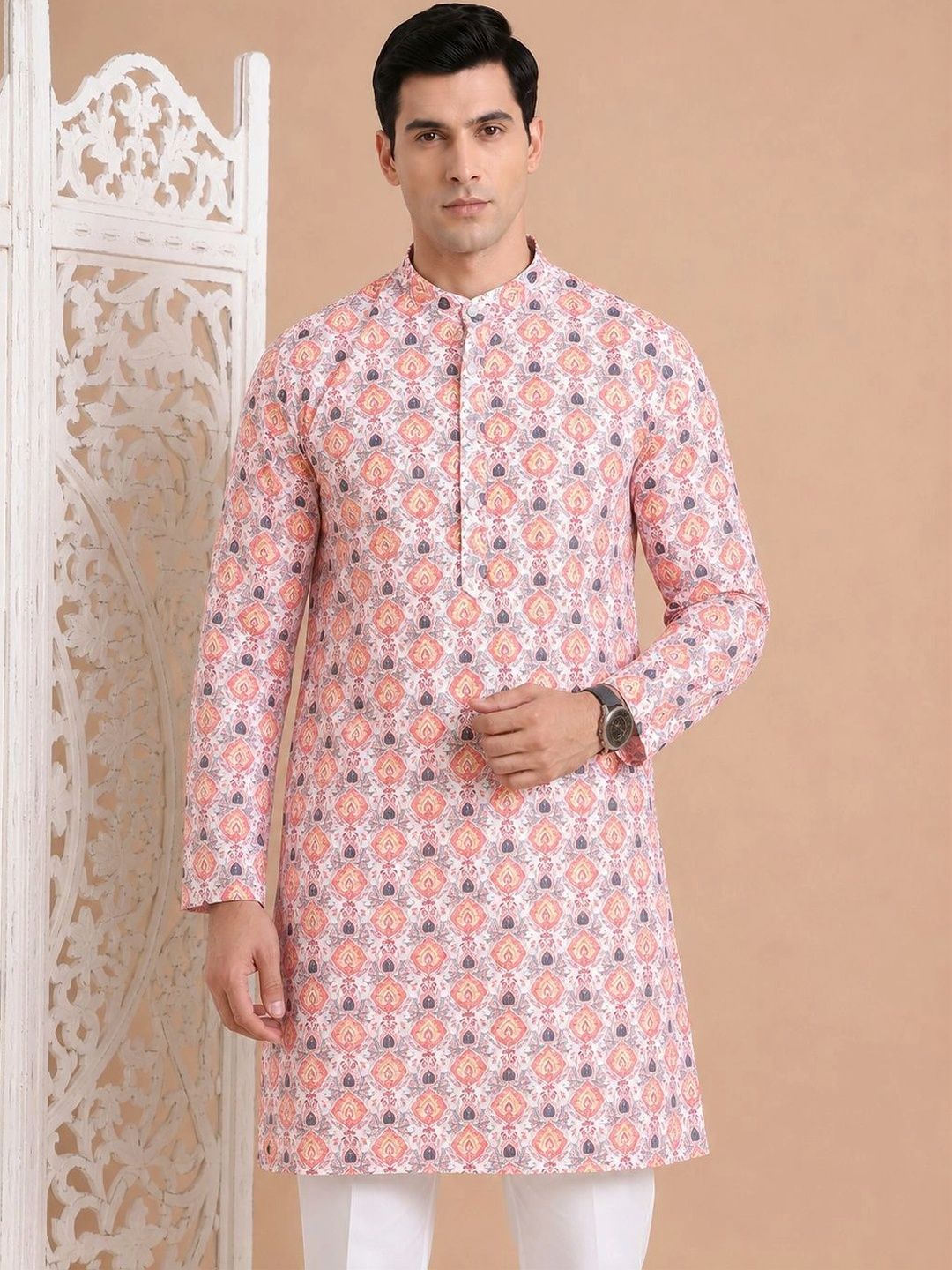House of Pataudi Men Ethnic Motifs Printed Regular Pure Cotton Kurta with Pyjamas-image-42