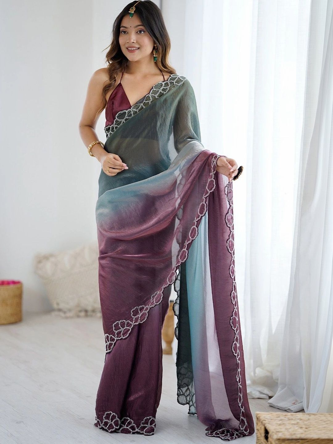 Mitera Ombre Beads and Stones Satin Designer Saree-picture-12