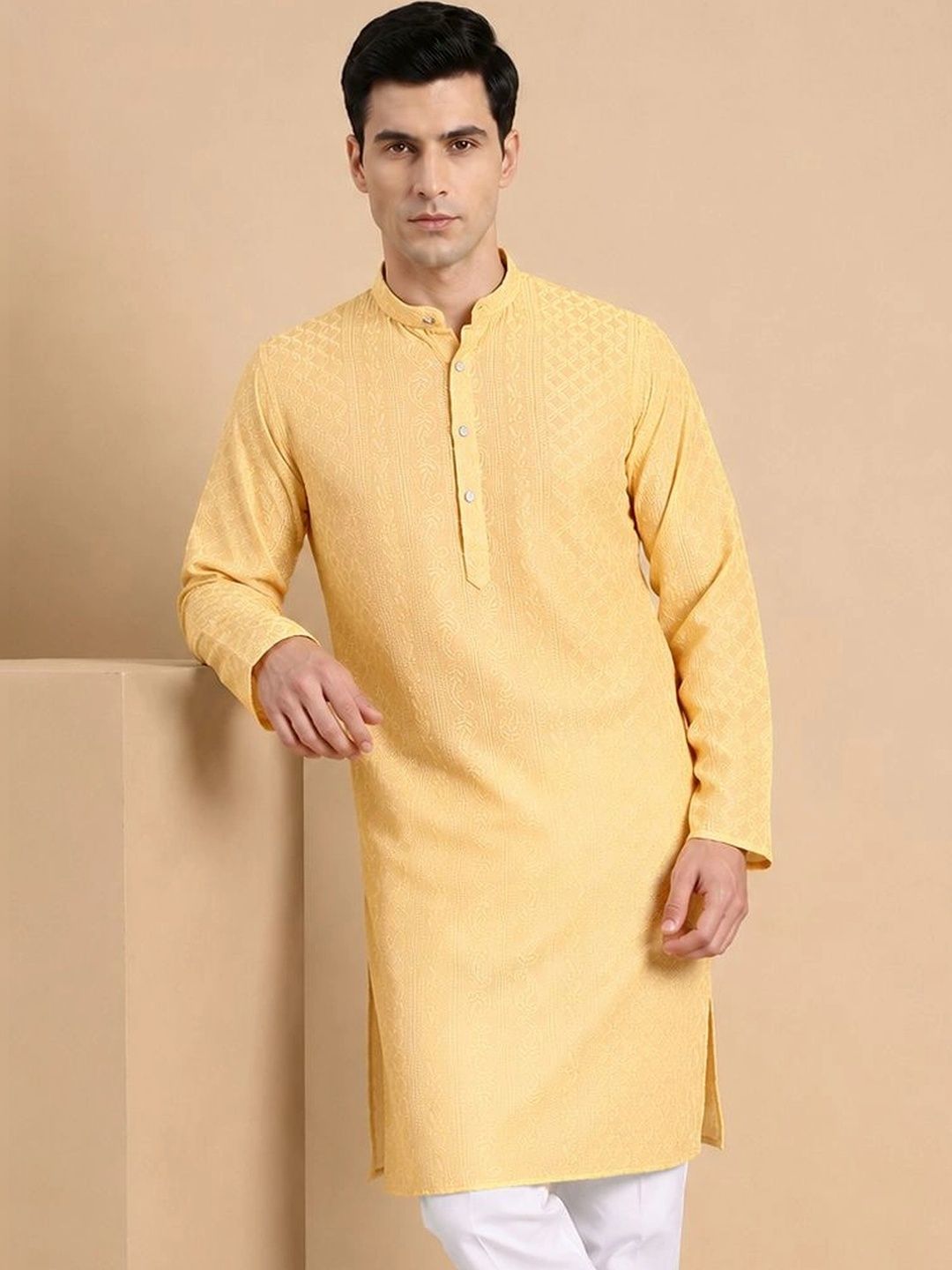 House of Pataudi Men Embroidered Chikankari Georgette Kurta-picture-29