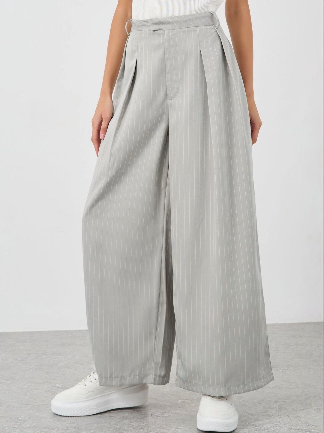 Styli Women Grey Pinstripe High-Rise Wide-Leg Full-Length Pant-image-44