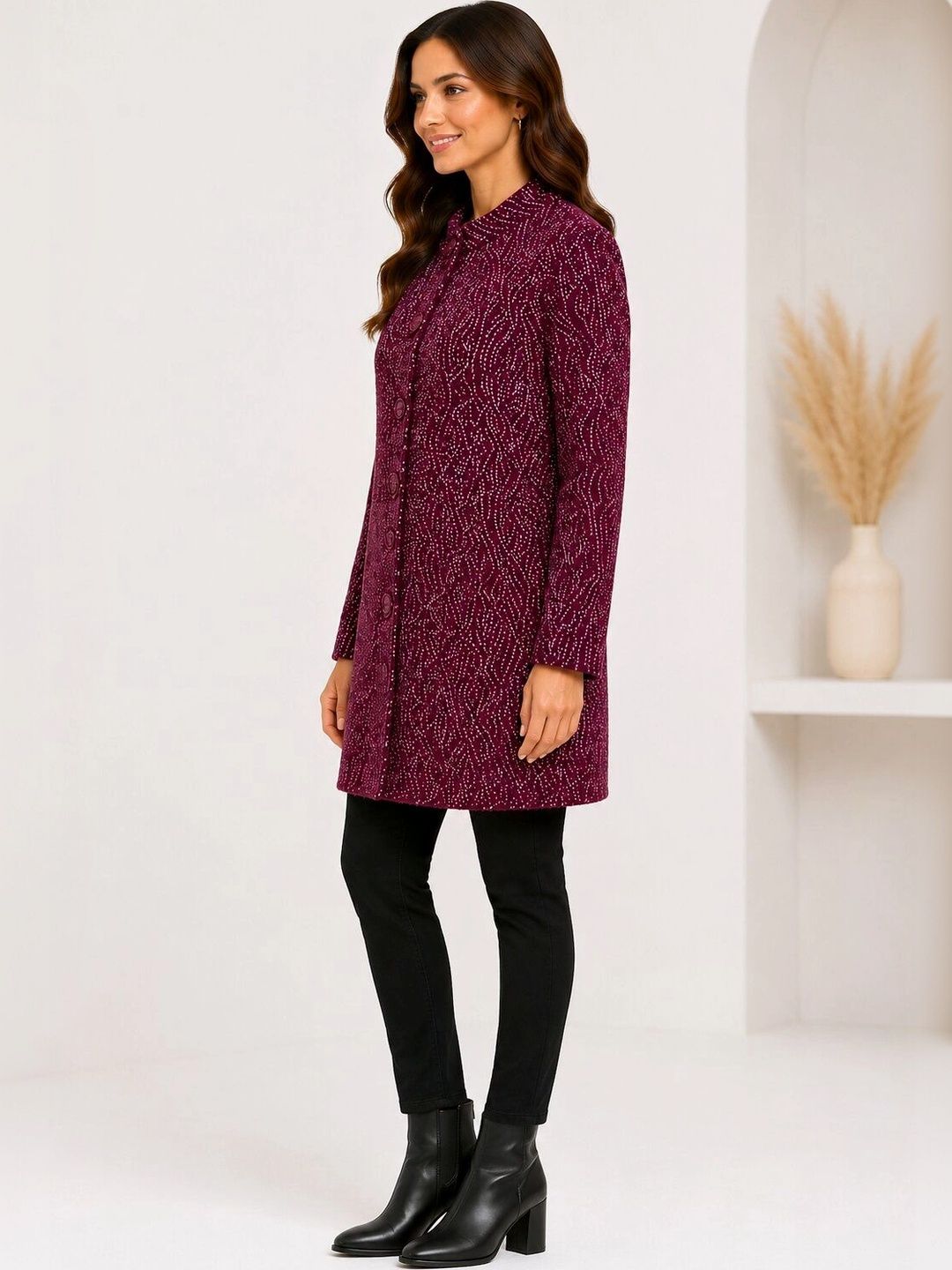 FIRST SLEEP Self Design Woolen Round Neck Single Breasted Long Overcoat-picture-37