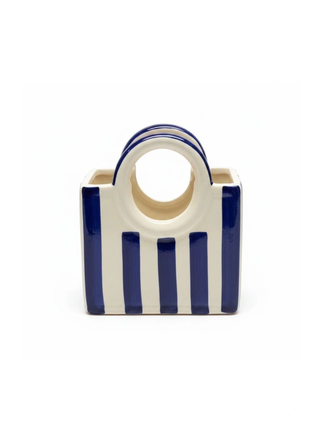 Kraftlik Handicraft Blue Striped Ceramic Basket Vase-image-37