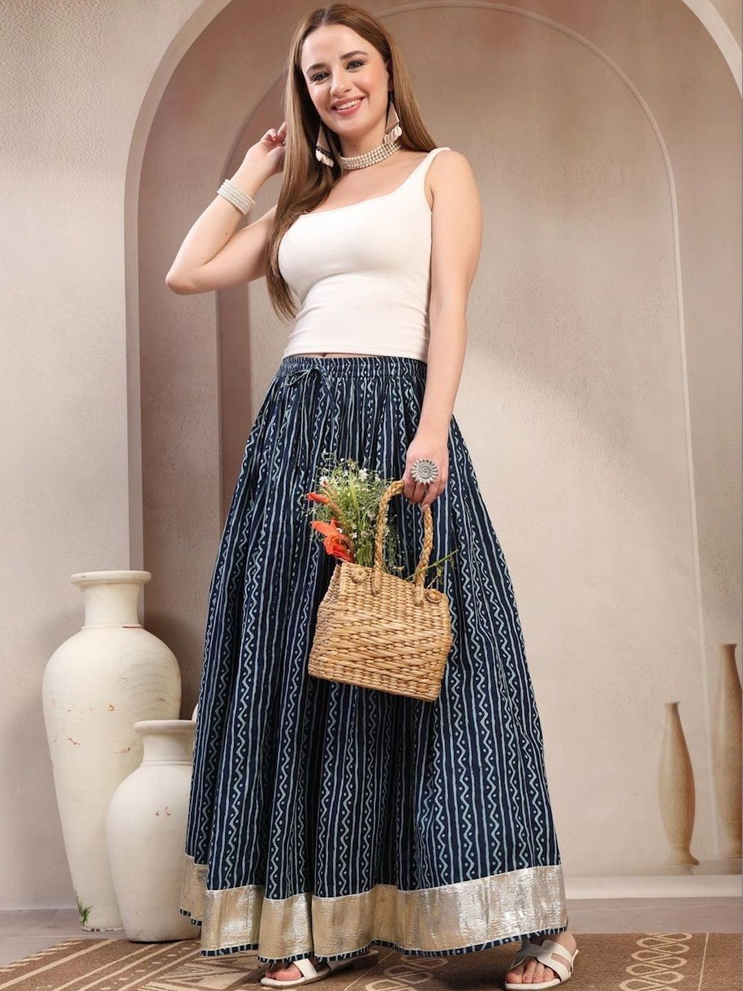 Anouk Women Cotton Cotton Cambric Striped Maxi Flared Skirt-image-27