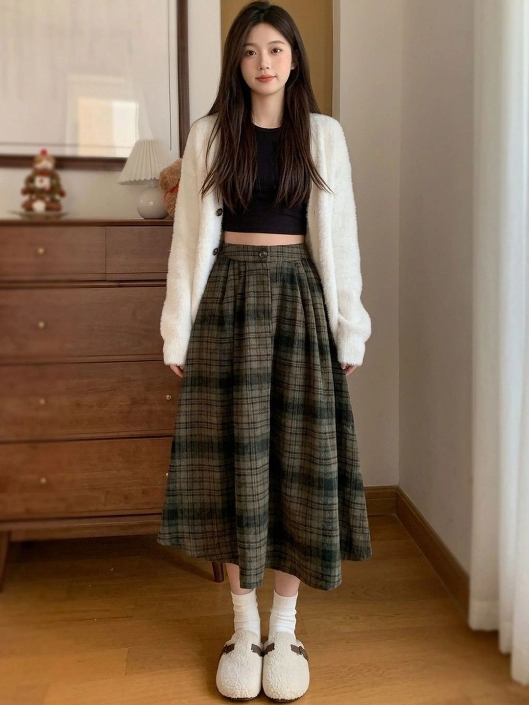 Suo Women Checked Midi Flared Skirt-picture-10