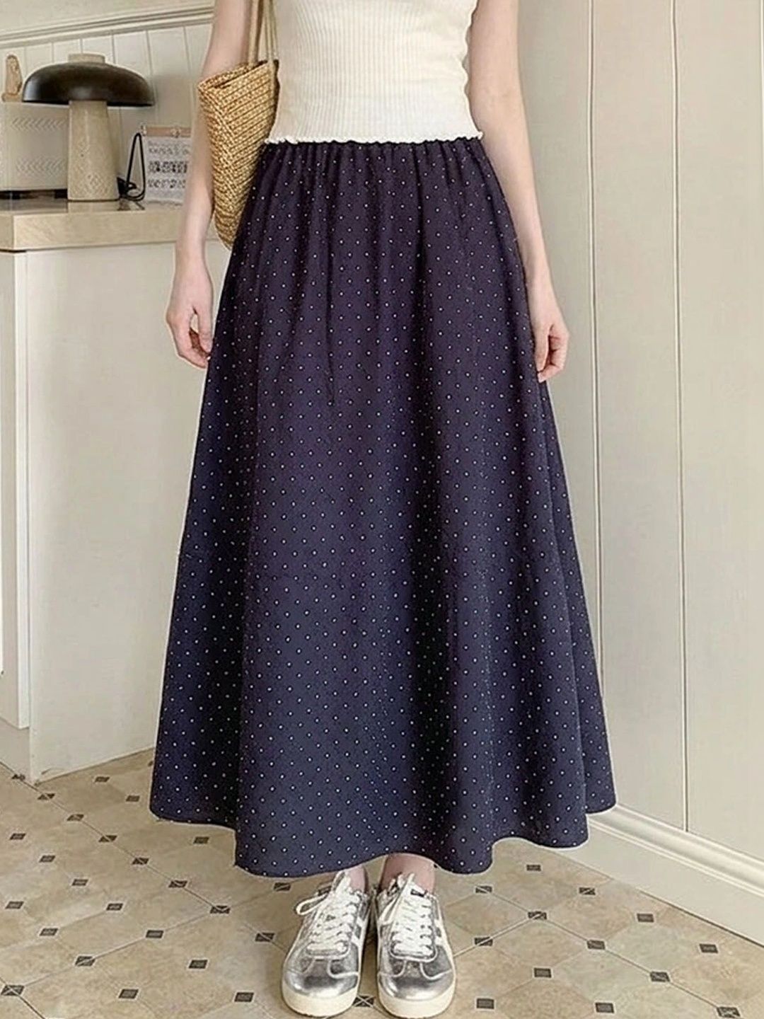 Suo Women Polka-Dot Maxi Flared Skirt with Elasticated Waist-picture-34