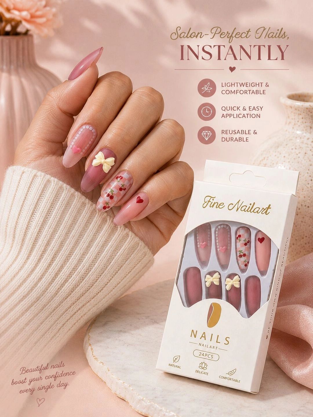 VAGHBHATT Set Of 24 Press-On Nail Extensions with Liquid Glue - Blush Pink Cherry Delight-image-2