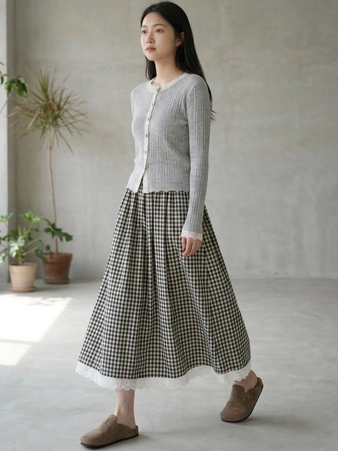 Suo Women Checked Summer Checks Midi A-Line Skirt-picture-44
