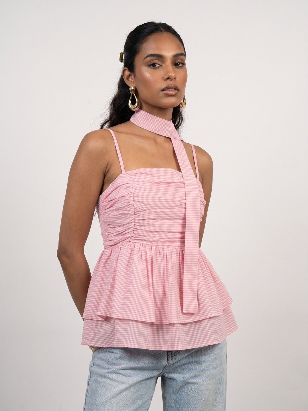 Phosphorus Checked Shoulder Straps Peplum Crop Top-picture-18