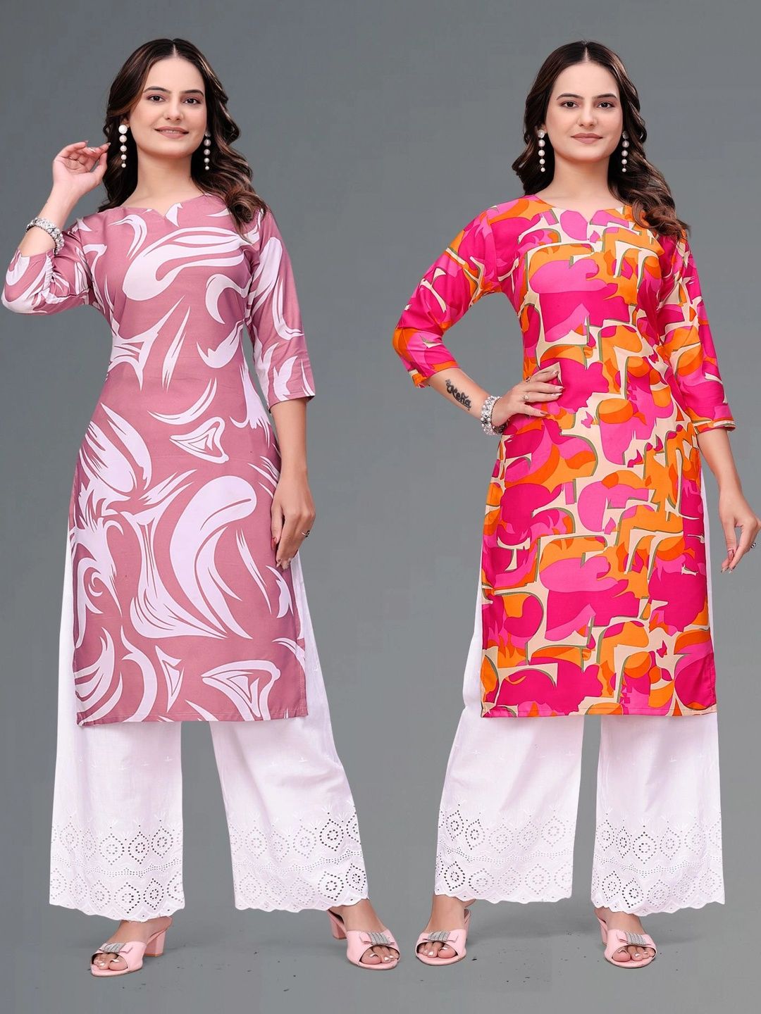 MANDIV FASHION Selection Of 2 Abstract Printed Round Neck Straight Pure Crepe Kurtis-picture-55
