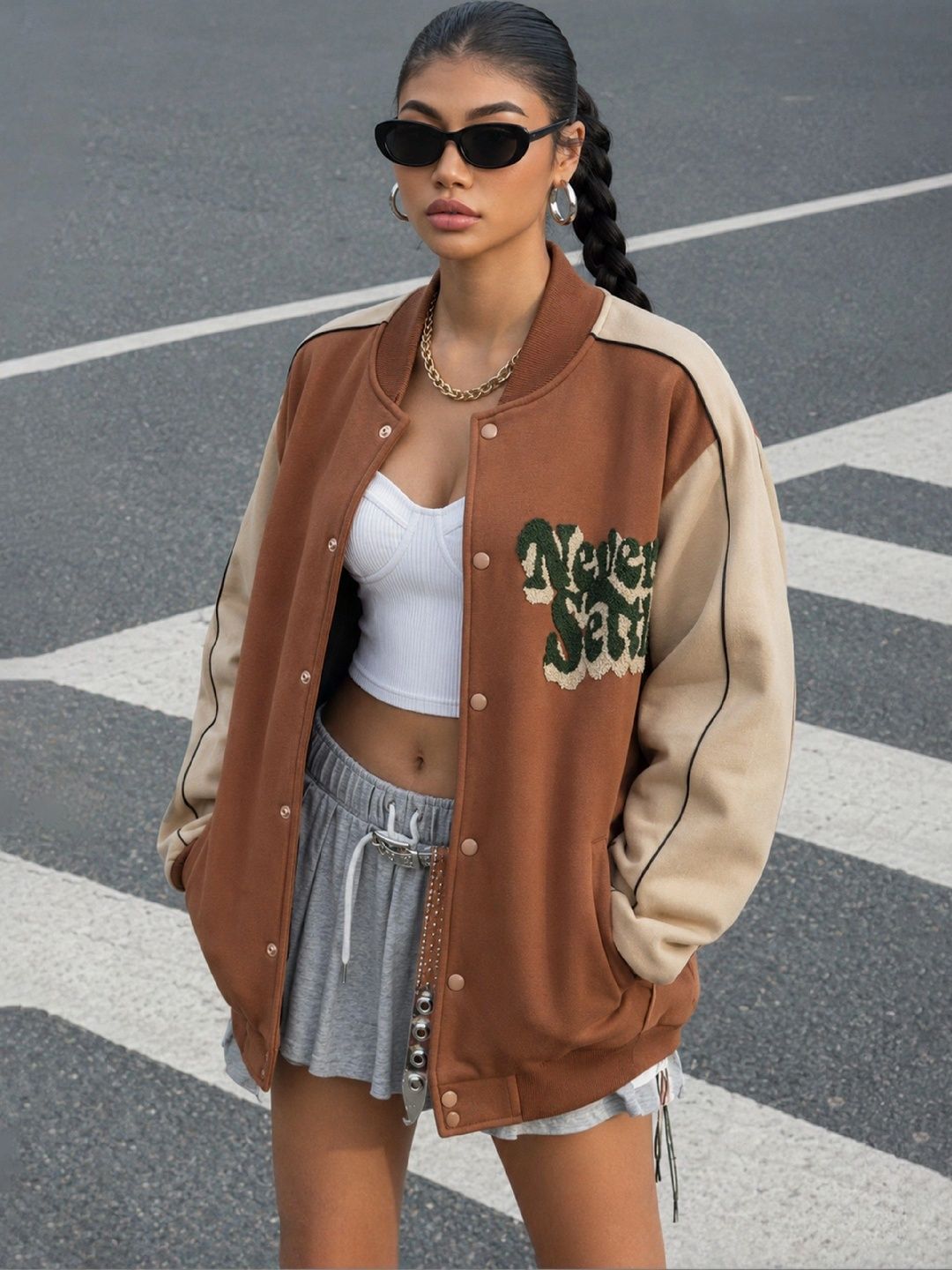 SASSAFRAS Women Typography Colourblocked Fleece Bomber with Embroidered Jacket-image-21