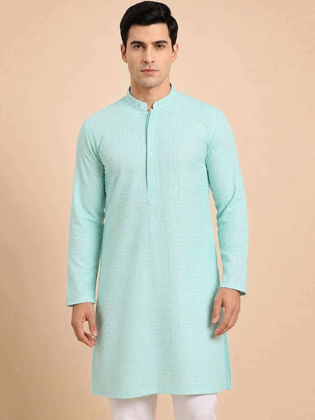 House of Pataudi Men Ethnic Motifs Embroidered Regular Thread Work Kurta with Pyjamas-image-48