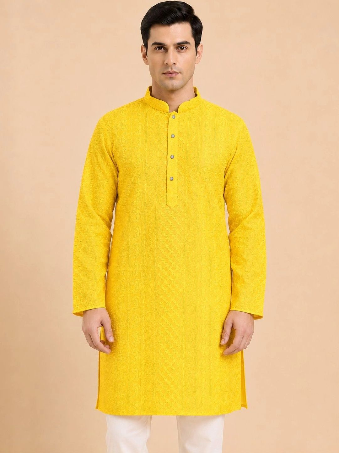 House of Pataudi Men Ethnic Motifs Embroidered Regular Chikankari Kurta with Pyjamas-picture-33