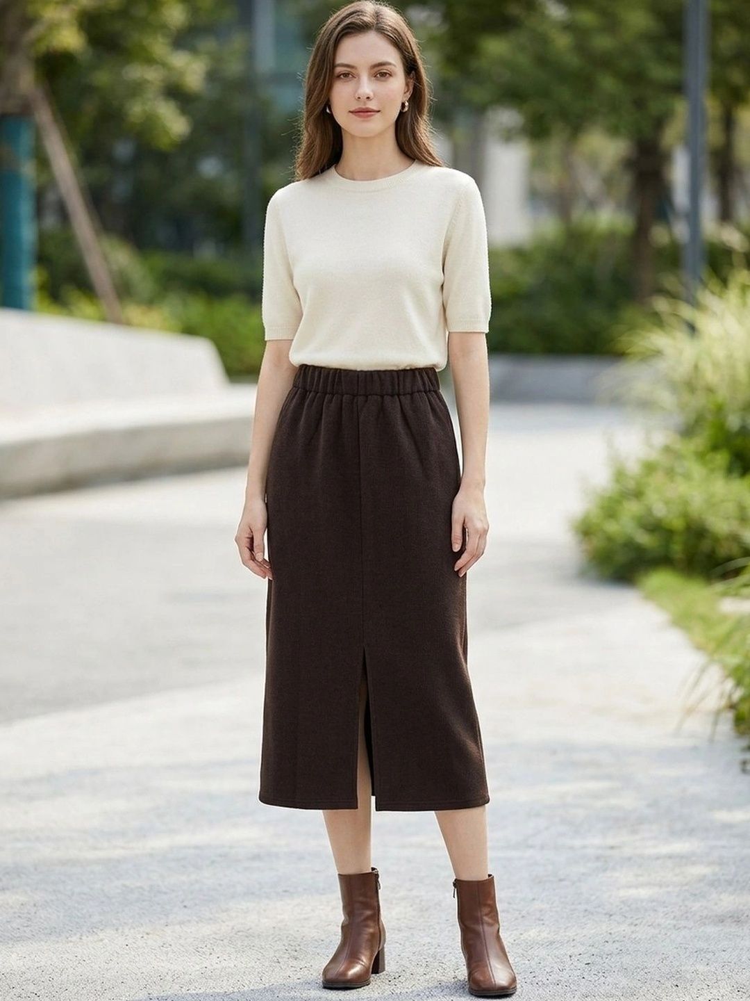Suo Women Front Slit Midi Straight Skirt-picture-18