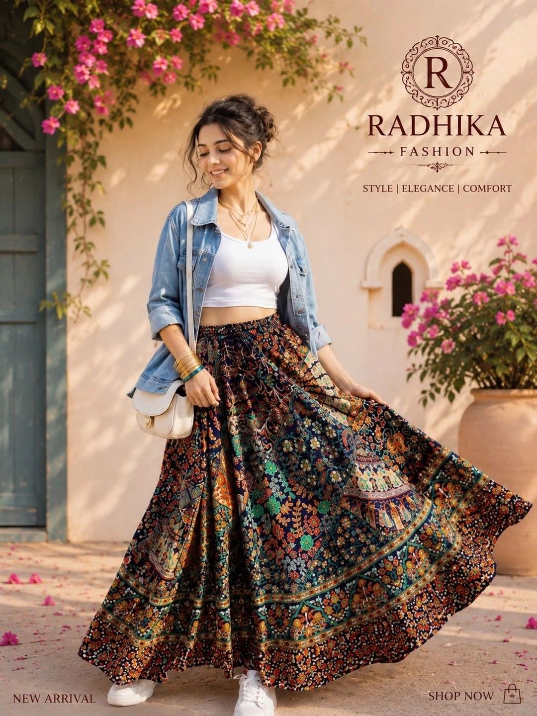 Nuwall Women Cotton Floral Bohemian Maxi Flared Skirt-picture-23