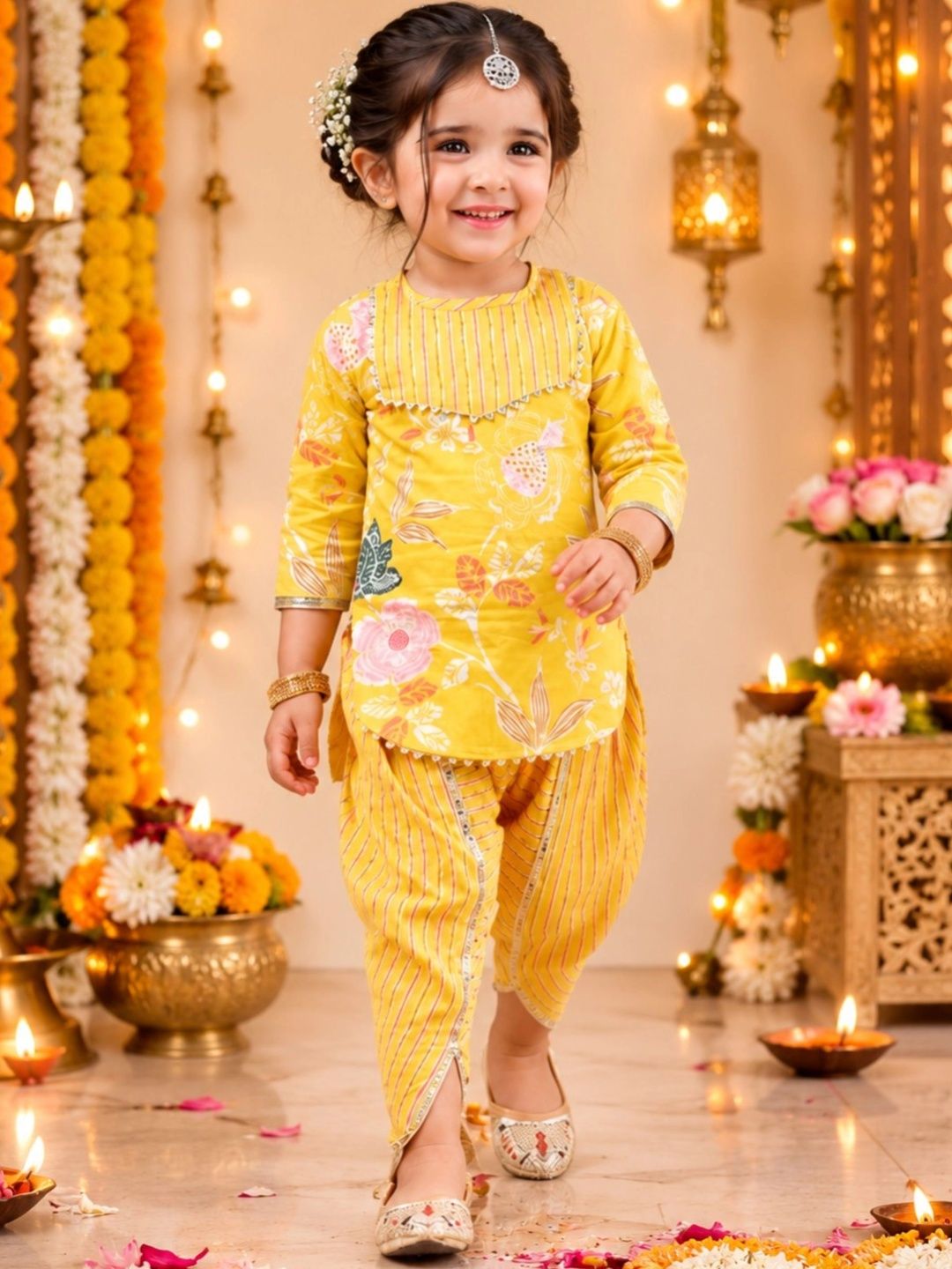 BAESD Girls Floral Printed Regular Pure Cotton Kurta with Dhoti Pants-picture-31