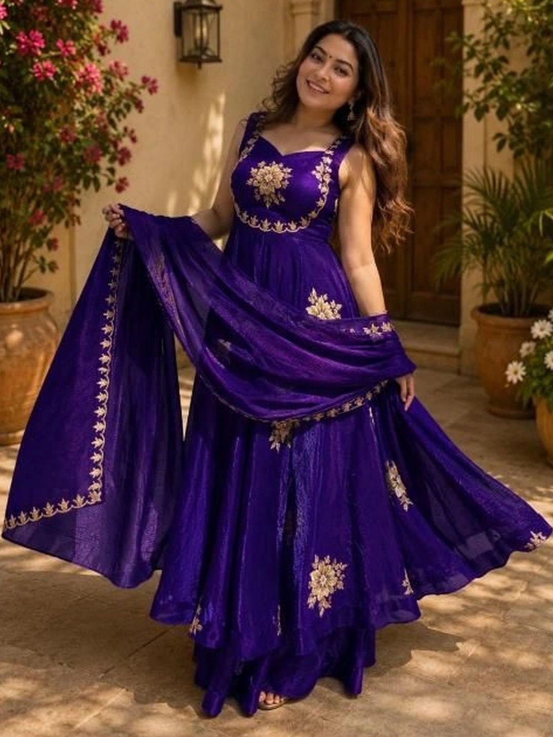 Sangria Girls Floral Embroidered Regular Thread Work Pure Silk Kurta with Palazzos & With Dupatta-picture-51