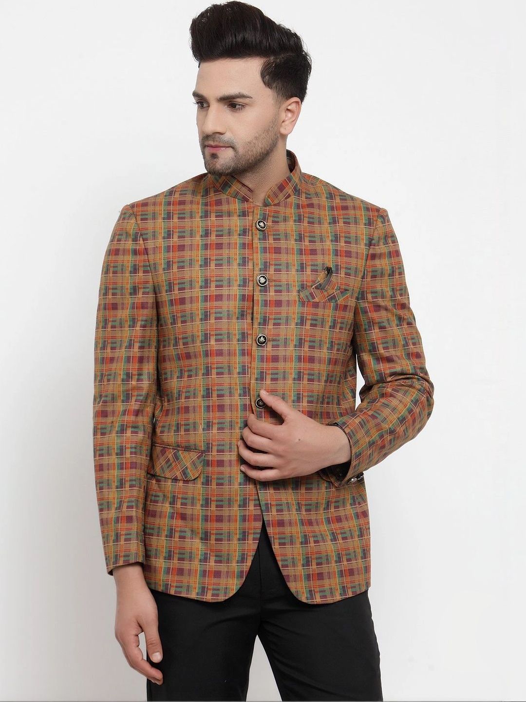 Moda Rapido Checked Mandarin Collar Single-Breasted Casual Blazer-picture-32
