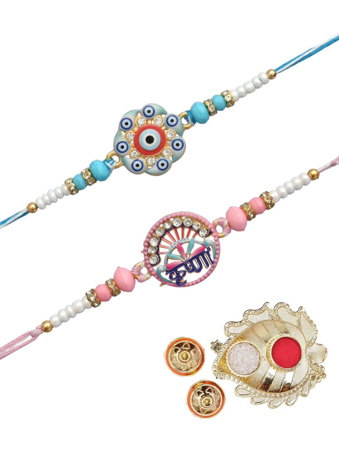 MEIRA JEWELLERY Set Of 2 Gold-Plated Rakhi Gift Set With Decorative Thaali & Greeting Card-picture-56