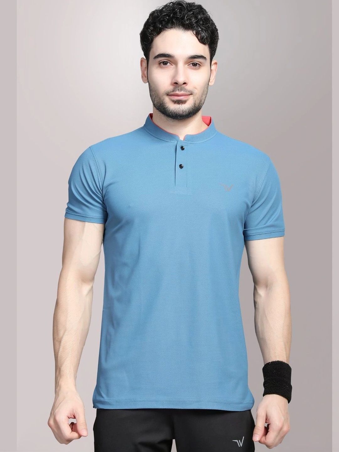 WEWOK Men Brand Logo Mandarin Collar Fusion T-shirt-image-48