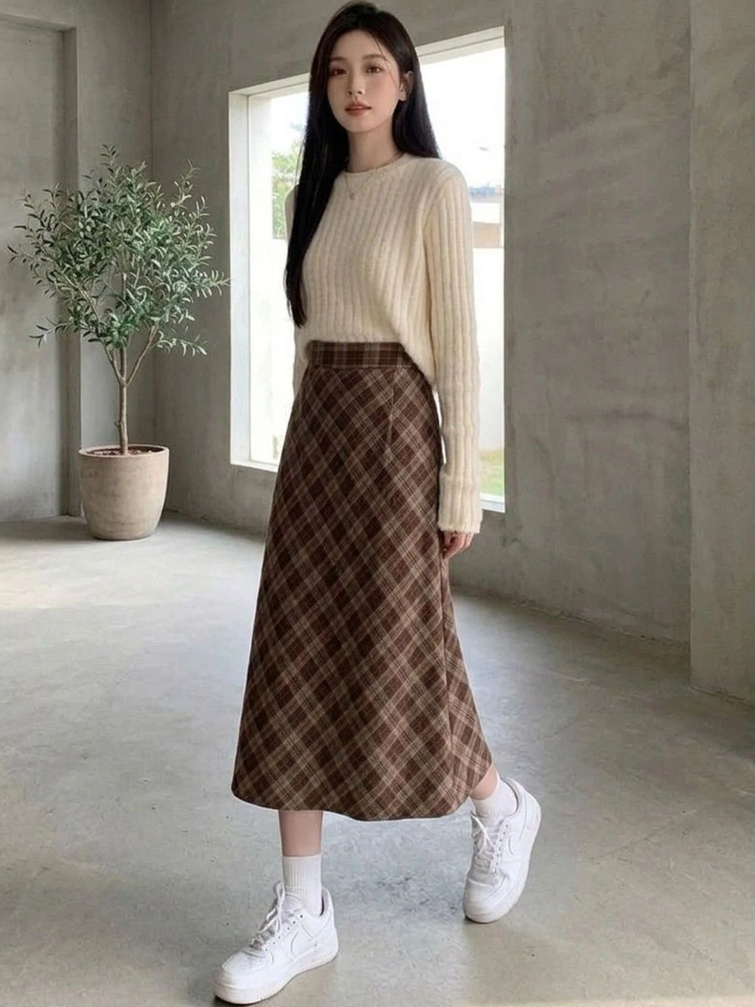 Suo Women Checked Midi A-Line Skirt-picture-23