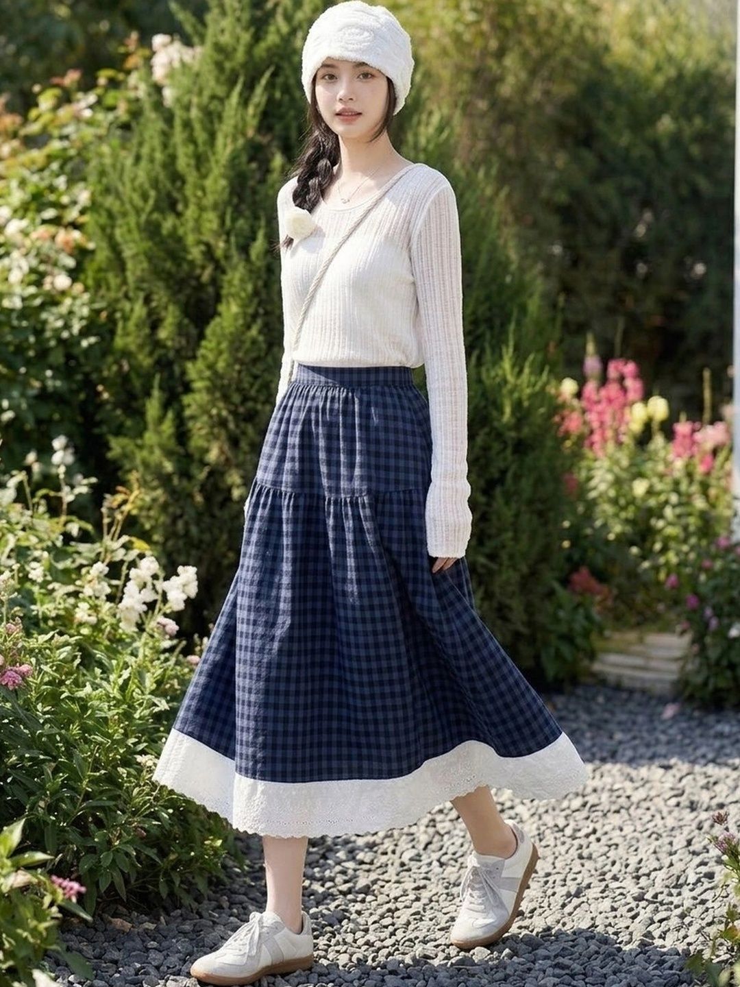 Suo Women Checked Tiered Midi A-Line Skirt-picture-24
