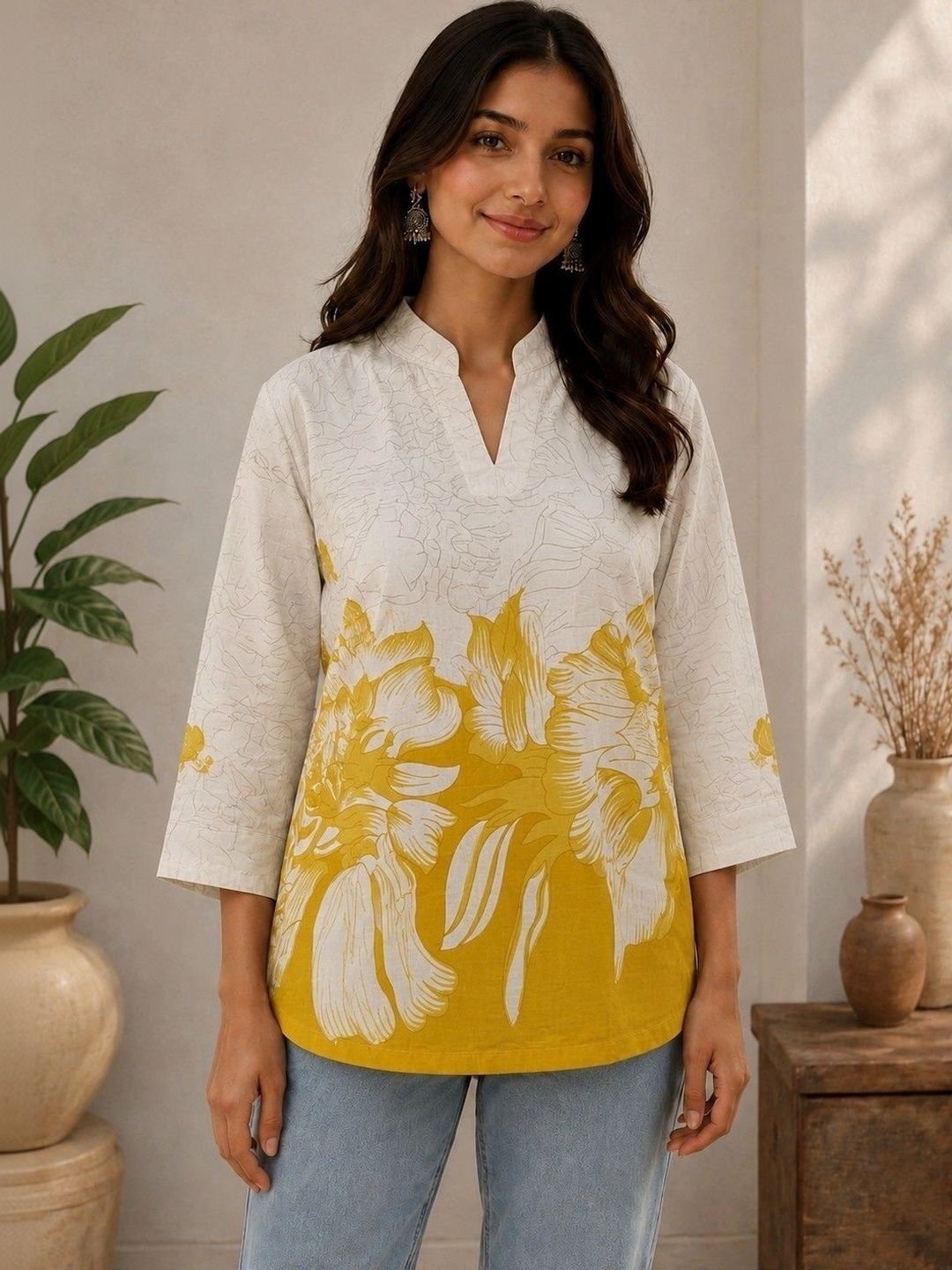Roadster Floral Print Mandarin Collar Top-picture-55