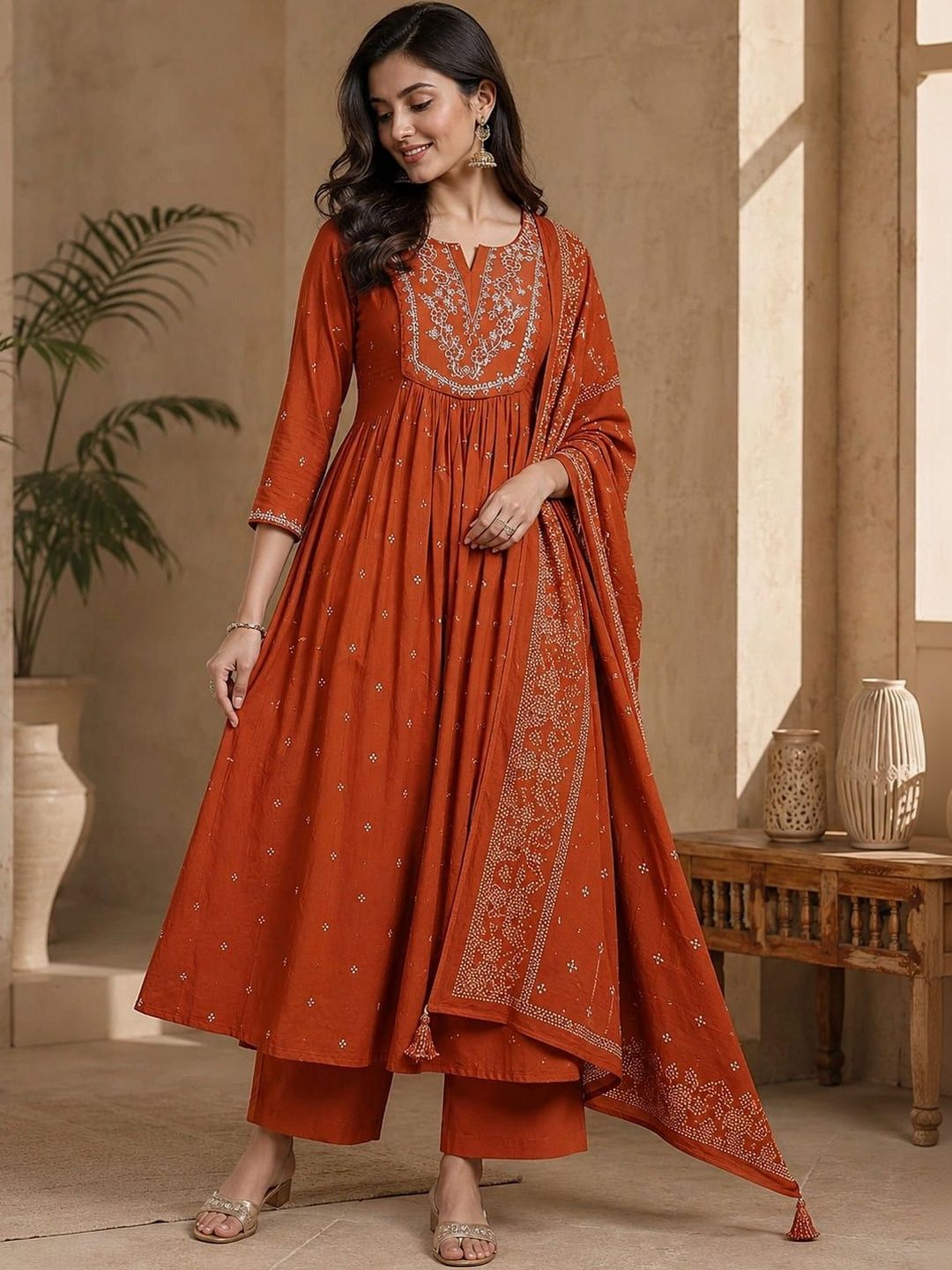 HISHAM Women Ethnic Motifs Embroidered Empire Thread Work Pure Cotton Kurta with Palazzos & With Dupatta-picture-12