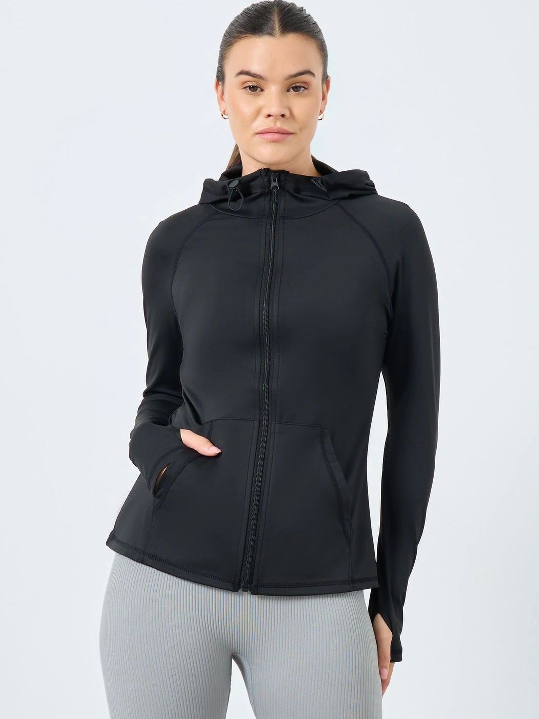 Styli Women Black Solid Hooded Long Sleeves Regular Fit Toggle Detail Zip Up Jacket-picture-15