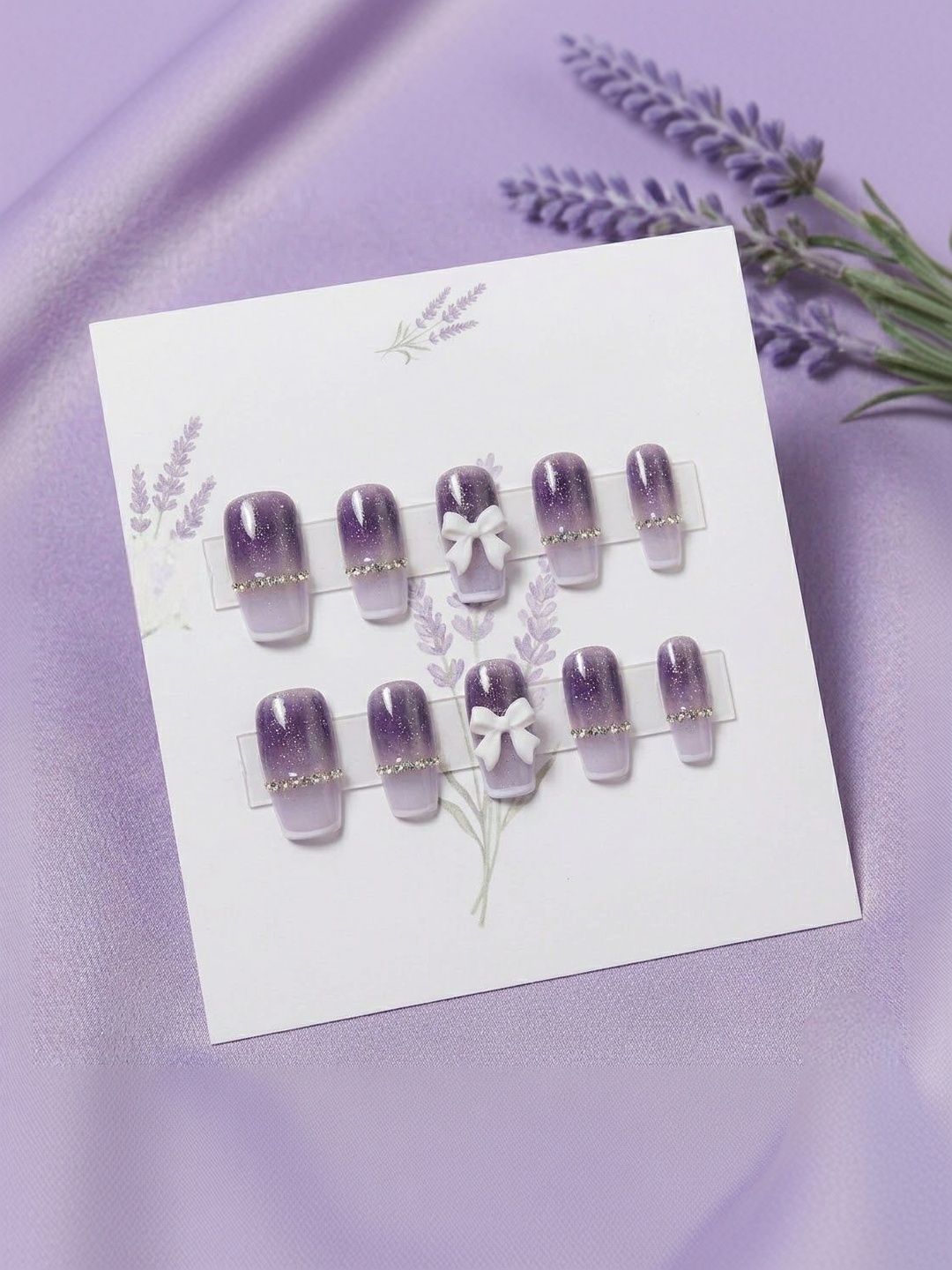TheVineGirl Set Of 24 Reusable Press On Artificial Nails - Purple Glitter French Tip-image-12
