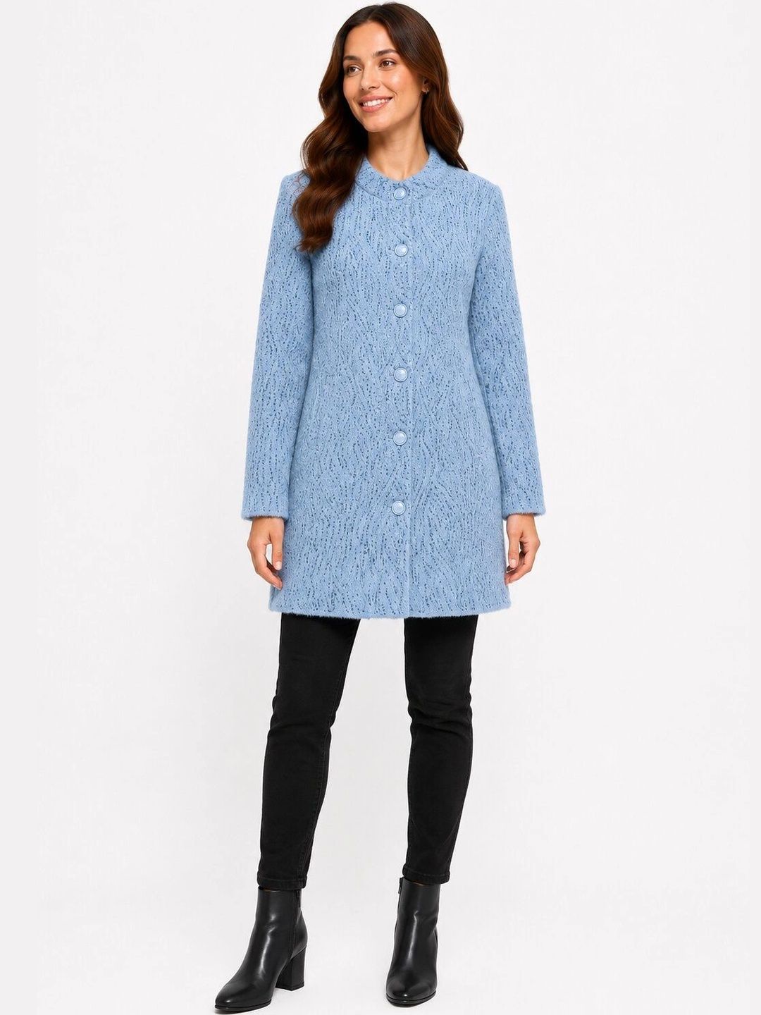 FIRST SLEEP Self Design Woolen Round Neck Single Breasted Long Overcoat-picture-23