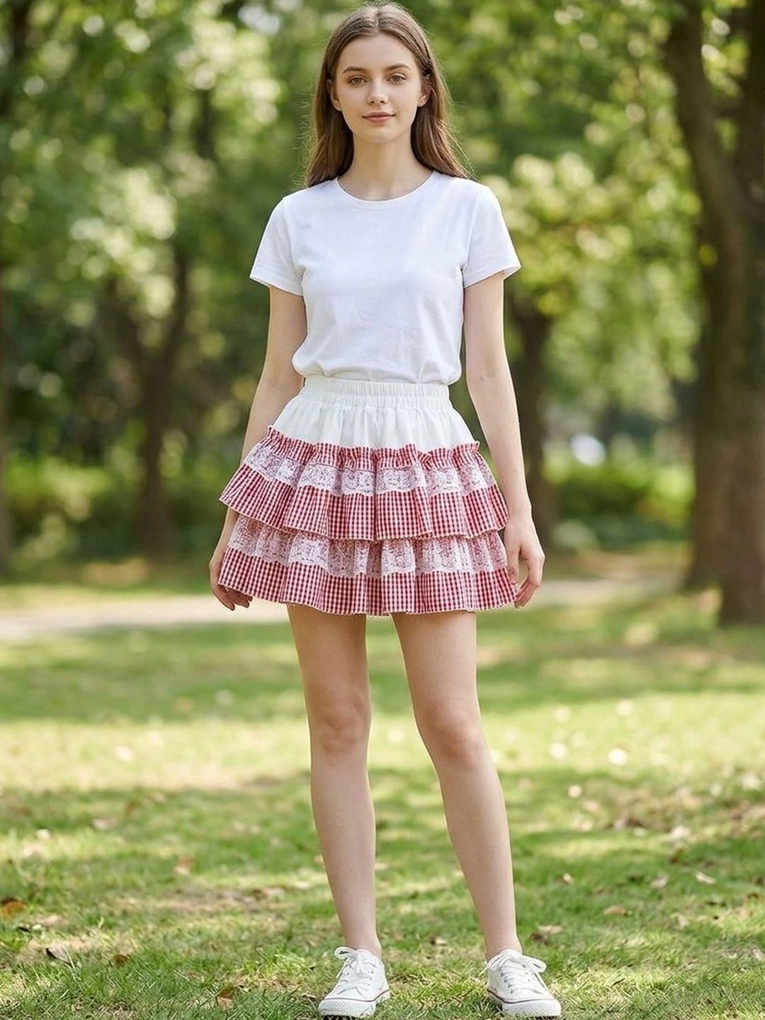 Suo Women Checked Frills Bows and Ruffles Mini Flared Skirt-picture-36