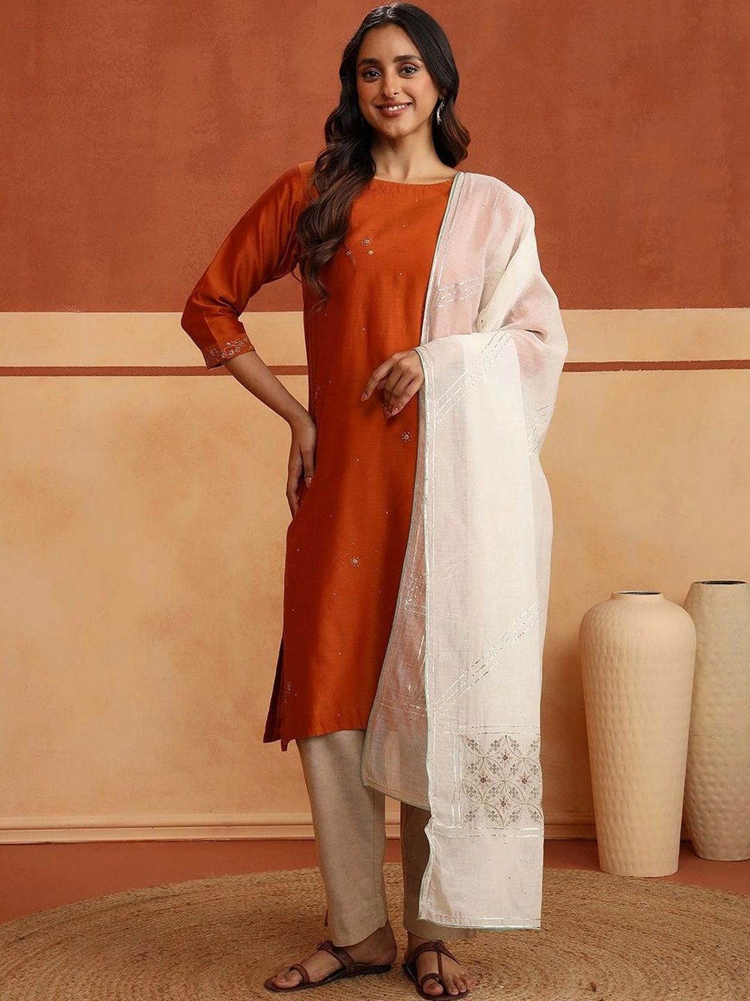 Fabindia Ethnic Motifs Embroidered Cotton Silk Blend Dupatta with Thread Work-picture-33