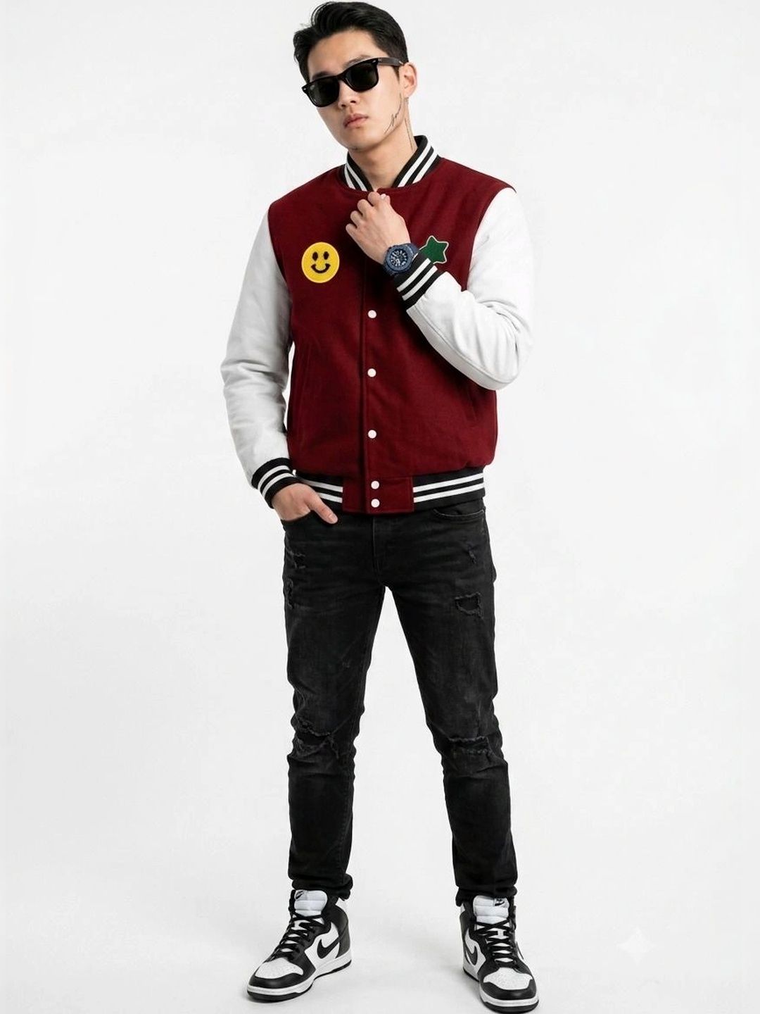 oiin Men Colourblocked Fleece Blend Varsity Jacket-picture-11