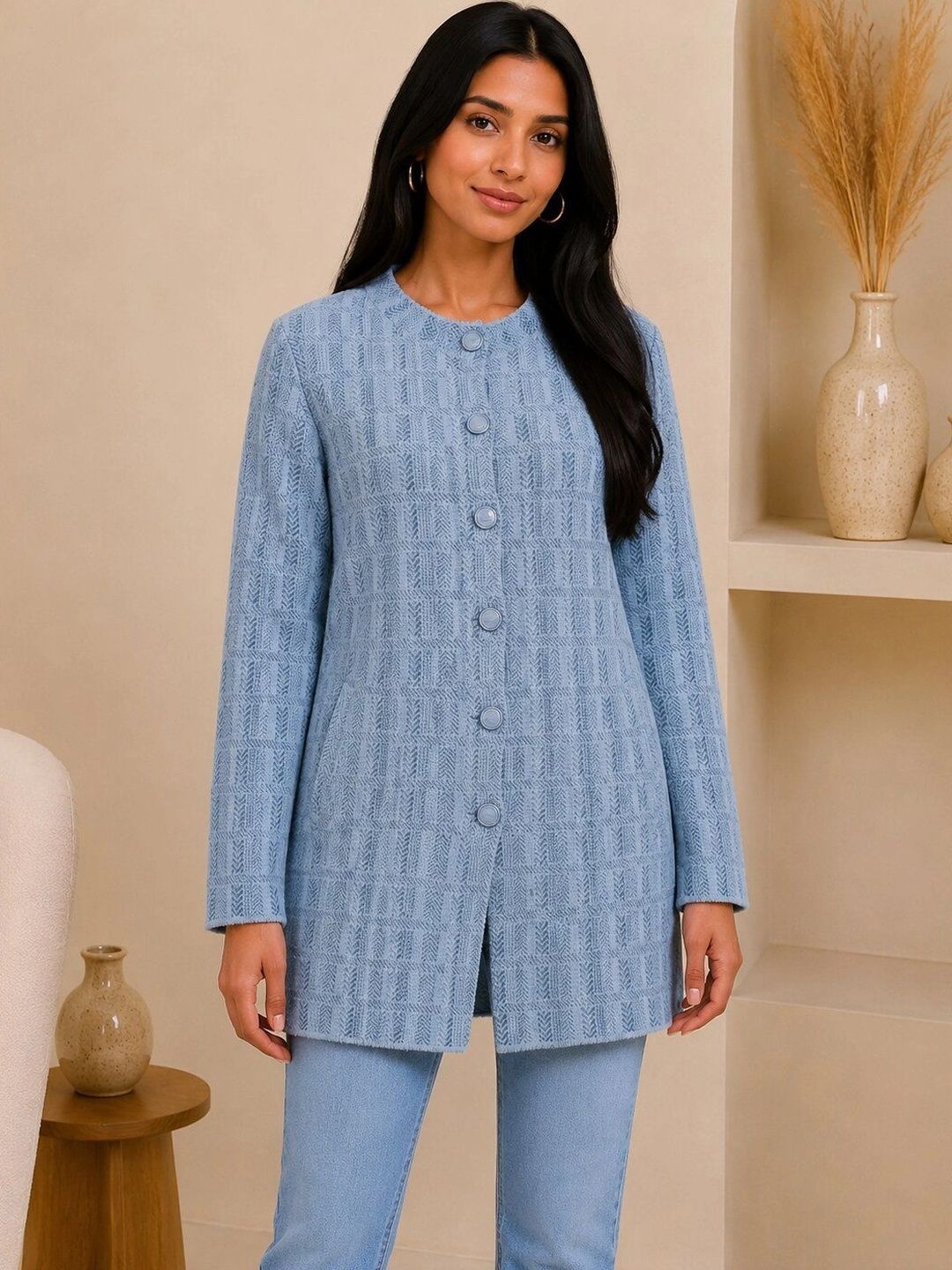 FIRST SLEEP Self Design Woolen Round Neck Single Breasted Long Overcoat-picture-15