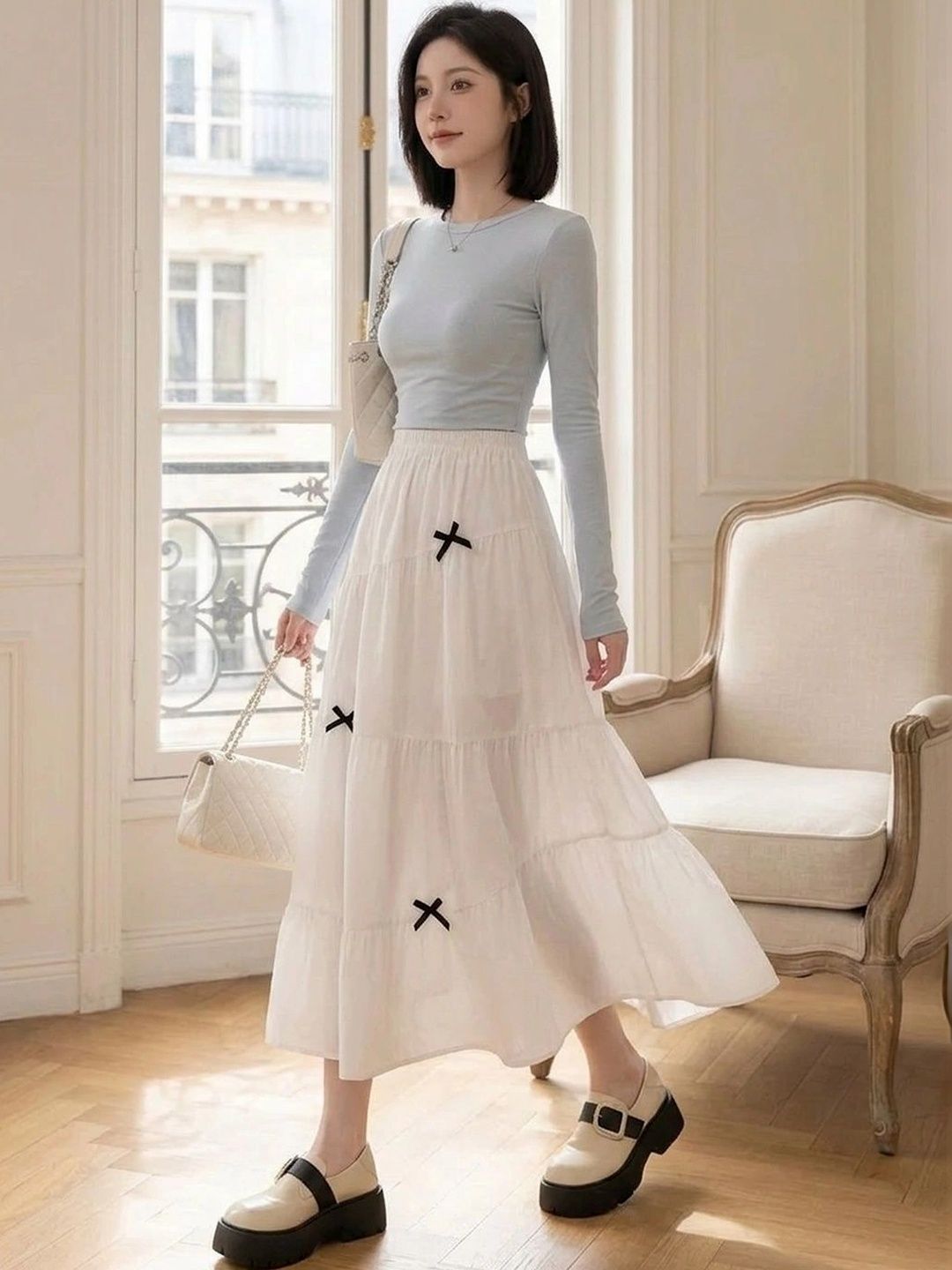 Suo Women Embellished Tiered Midi Tiered Skirt-picture-48